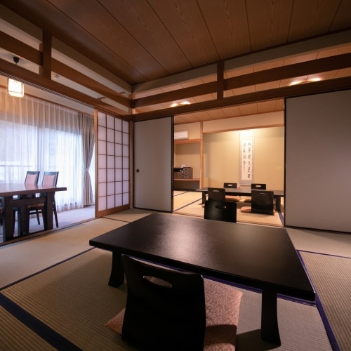 Mountain side deluxe room [Japanese-style room 12 tatami mats + 10 tatami mats + wide veranda] Capacity 7 people. The two-room suite is ideal for group travel.