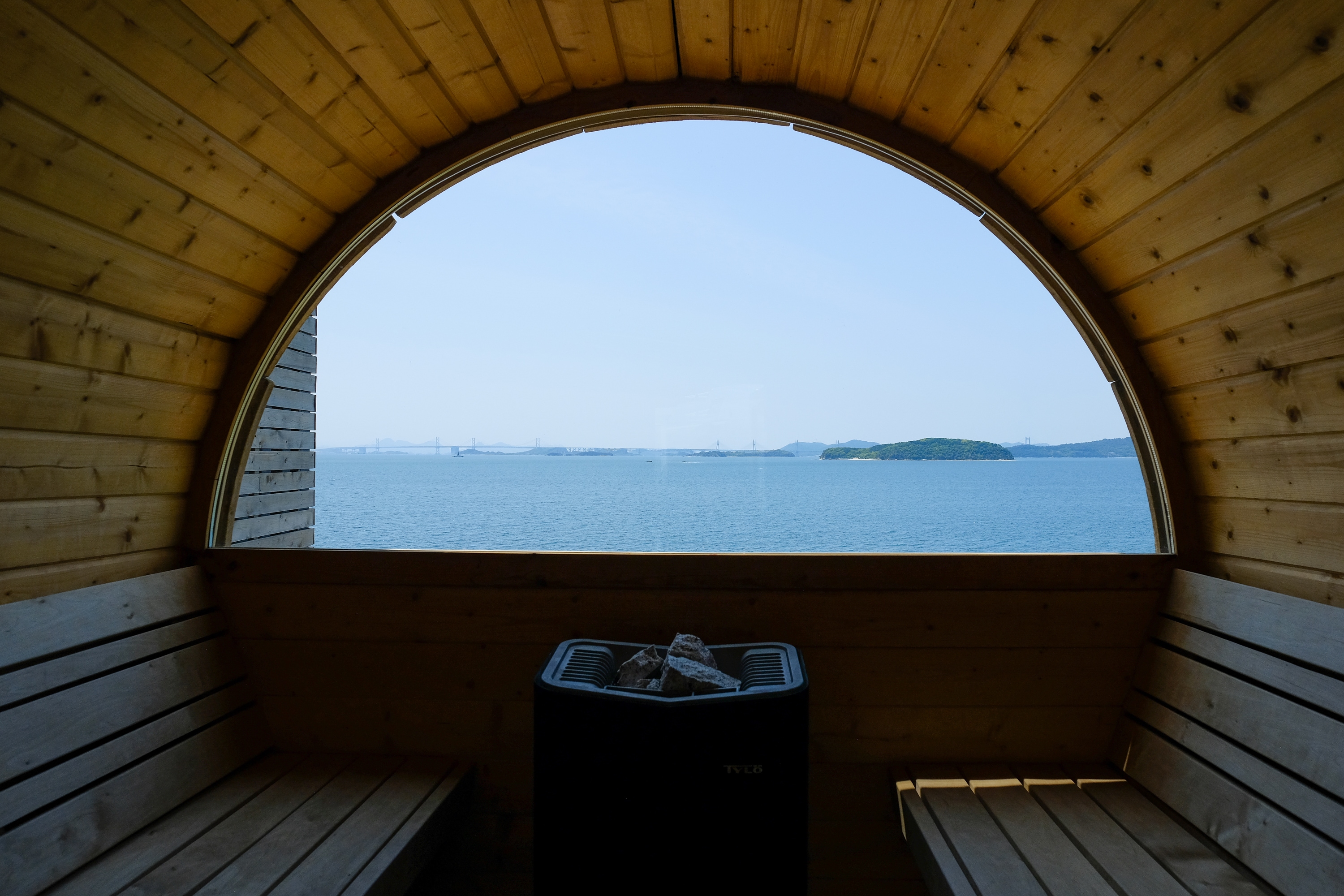 Spectacular view of the Seto Inland Sea from inside the sauna