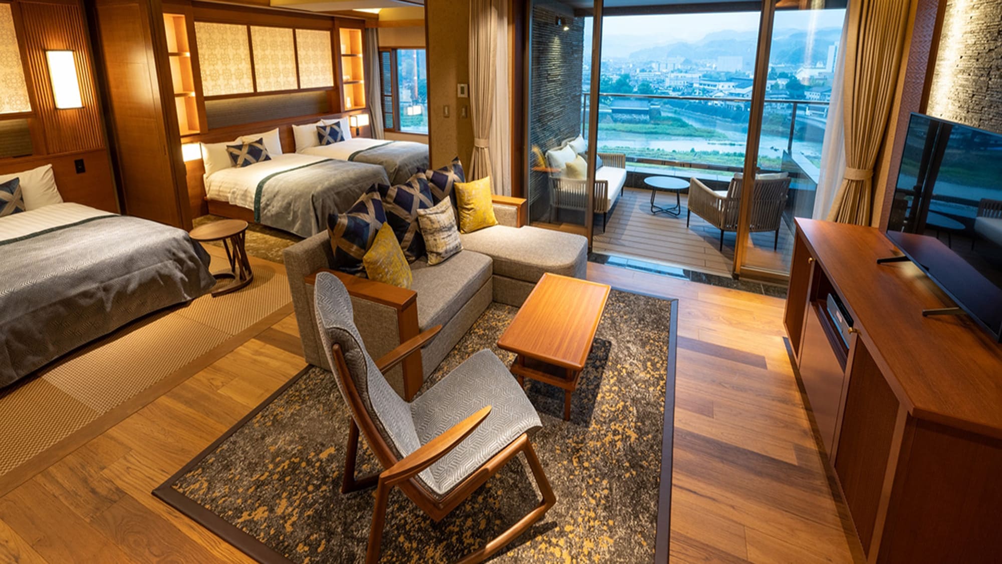 Luxury suite room with open-air hot spring bath, living room
