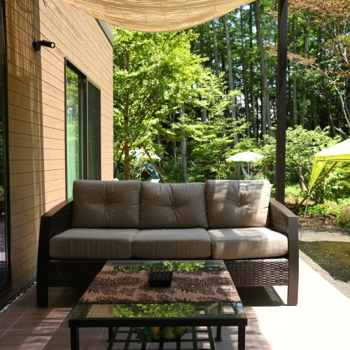 Terrace with pergola leading from the living room