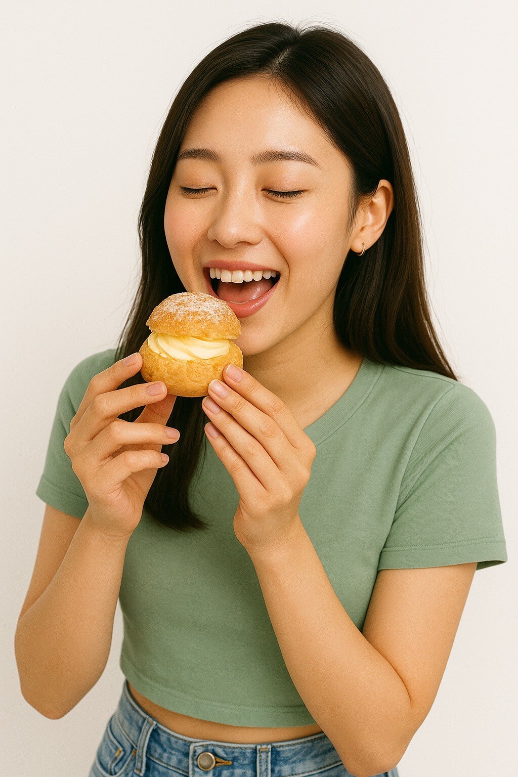 Woman eating a cream puff