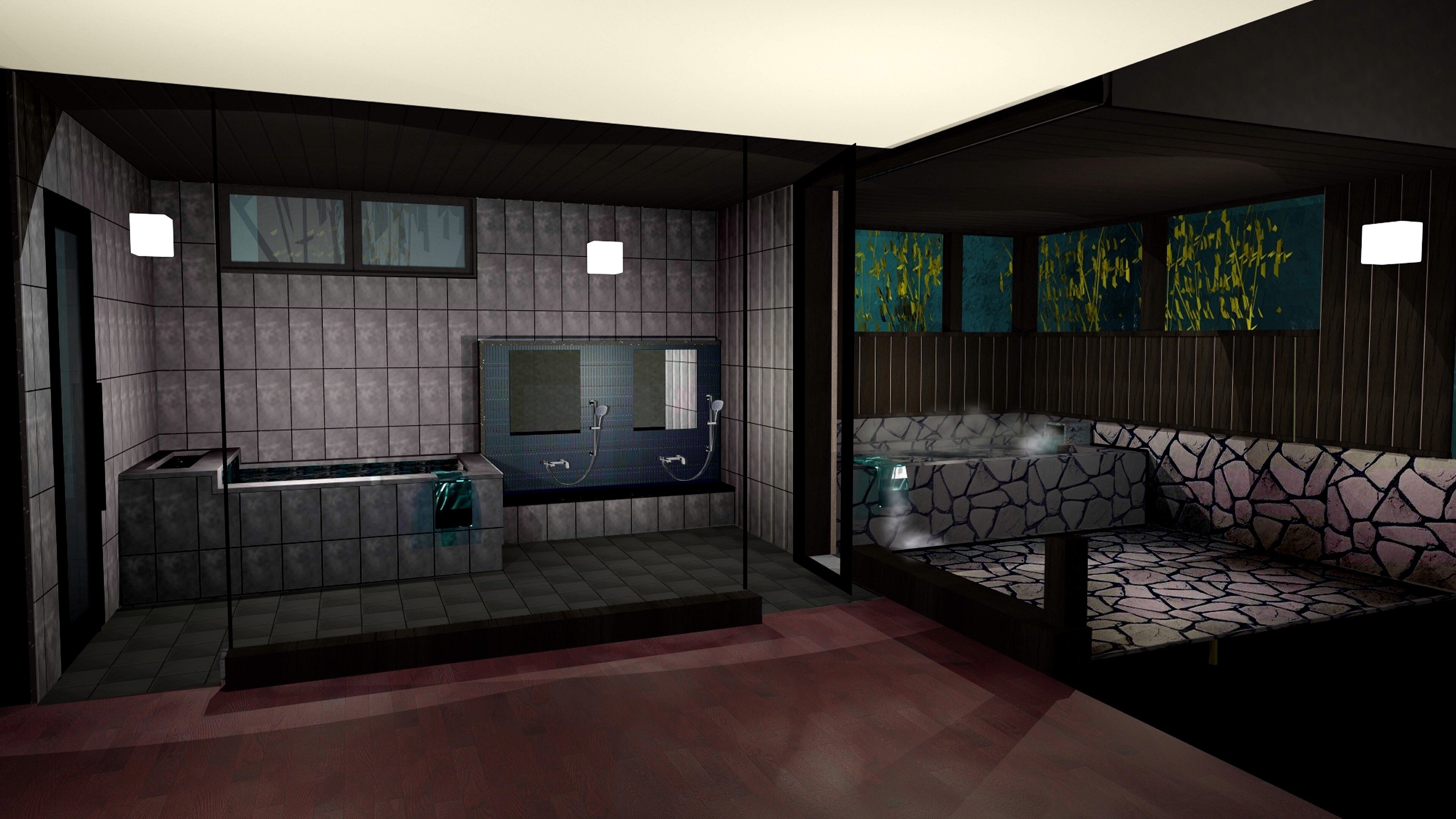 [Kanade / Bathroom] Relax comfortably in the private sauna, semi-open-air bath, and cold bath. *Image is for illustrative purposes only.