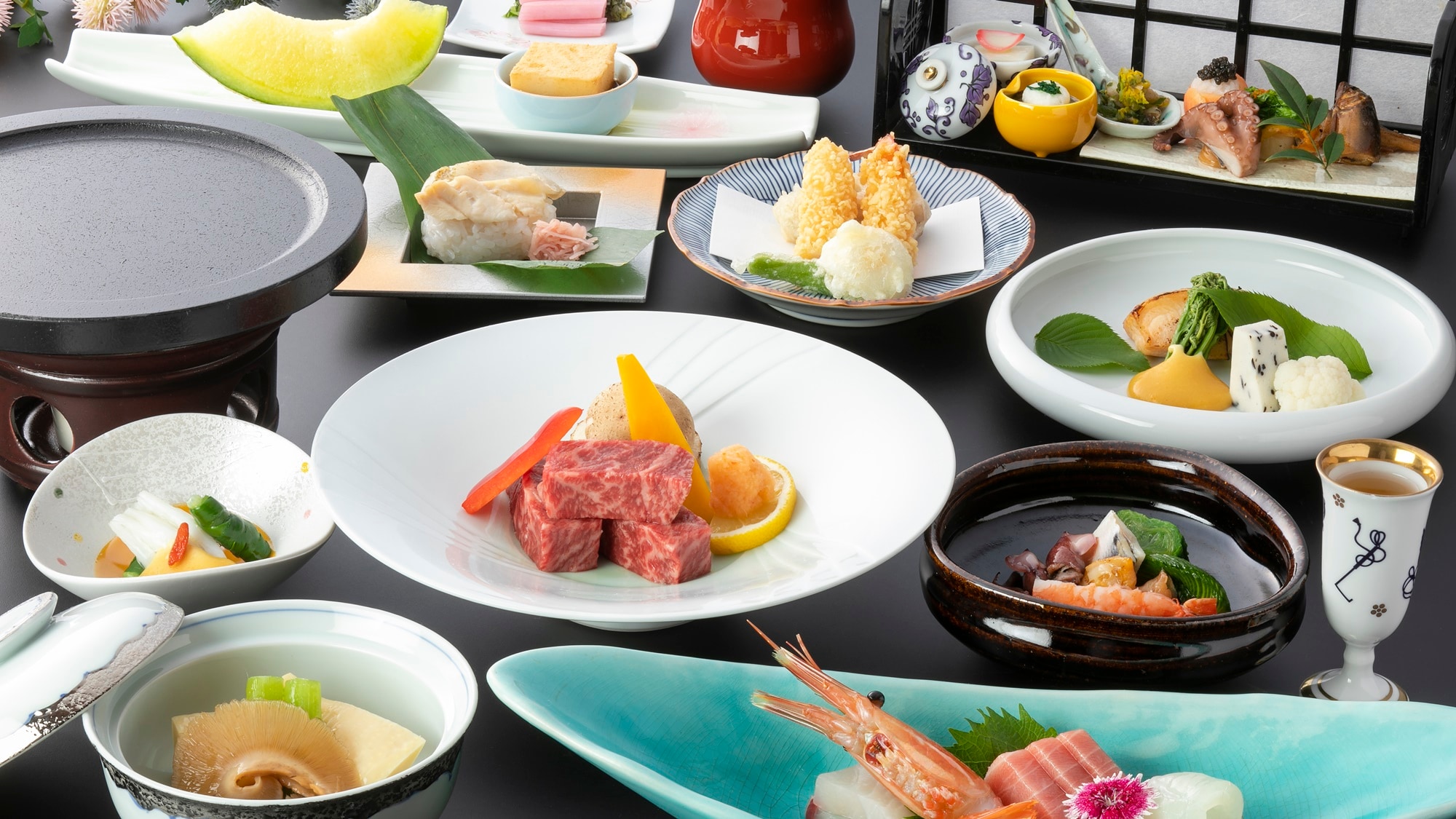 Kaiseki meal featuring Omi beef stone grilled steak (example)