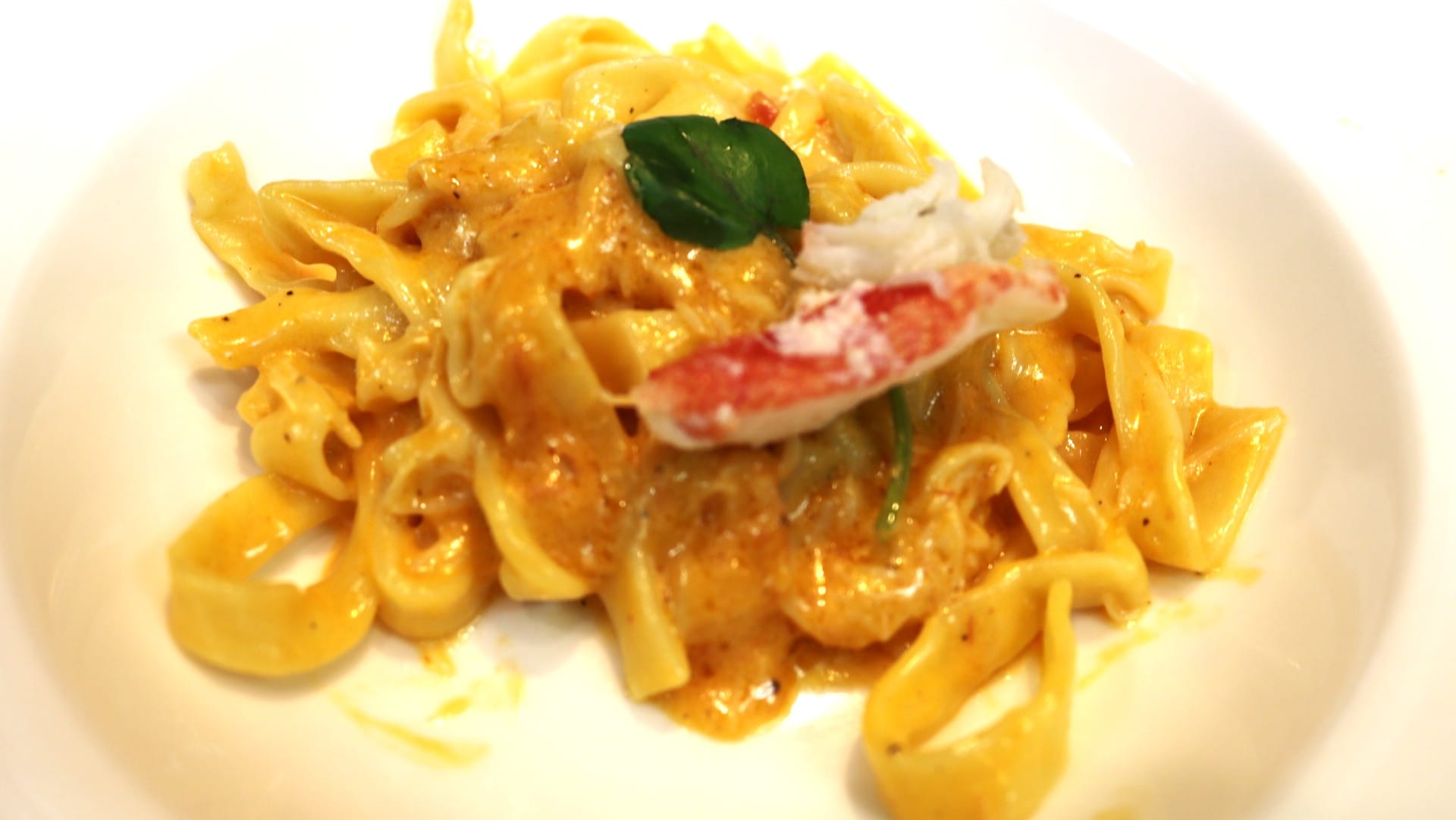 Handmade fresh pasta (fettuccine) with snow crab sauce