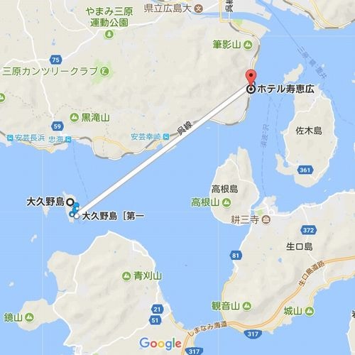 From googlemap, it is convenient to go to Okunoshima, which is popular with rabbits, from Suba Port in front of the hotel.