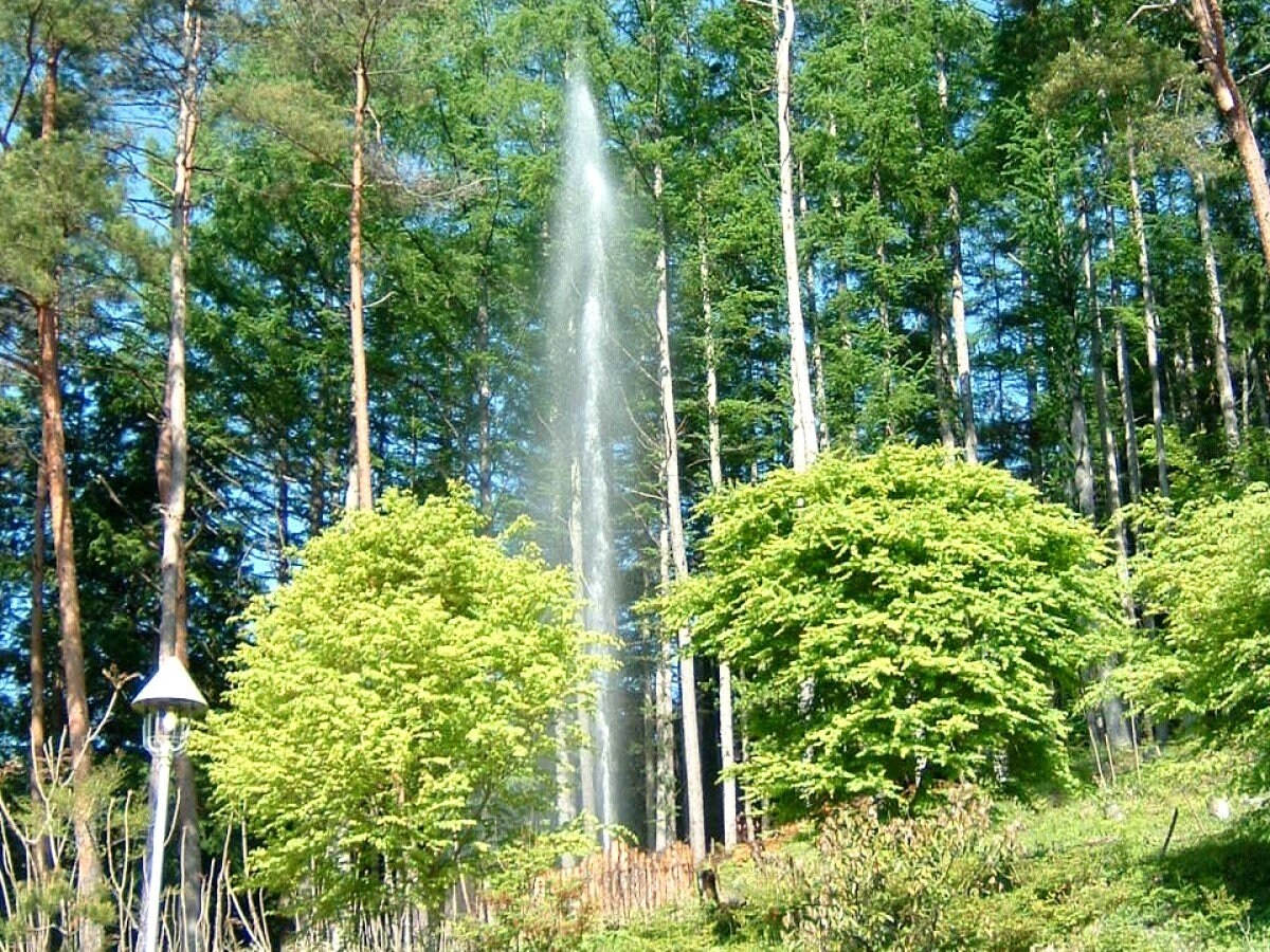 "Geyser" di sebelah pintu masuk. Air mancur alami yang menyembur kencang merupakan pemandangan yang tidak bisa dilihat dengan mudah di tempat lain.