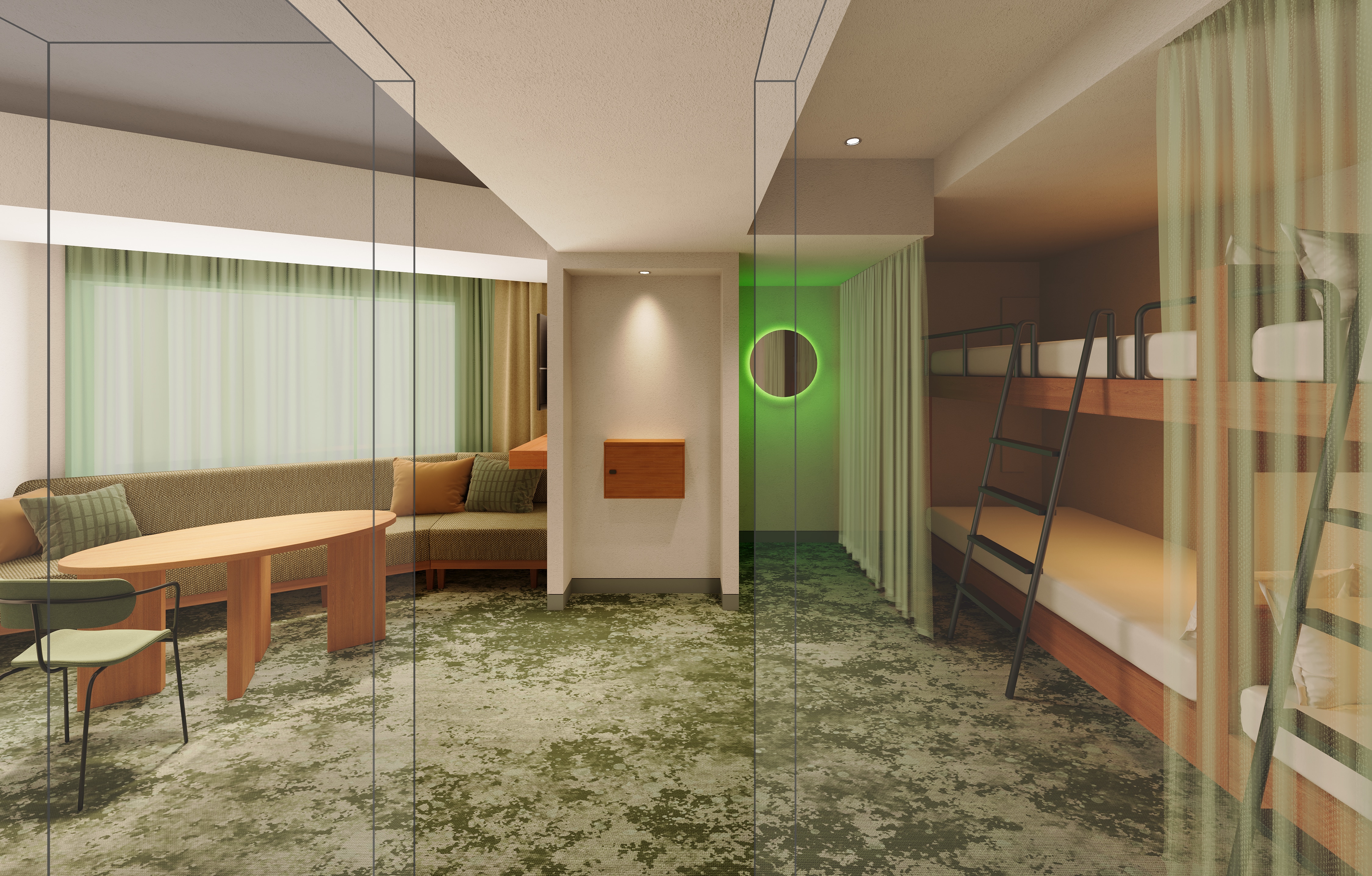 [Deluxe Family 4 Bunks] Stylish interior with a spacious living room. Perfect for groups.