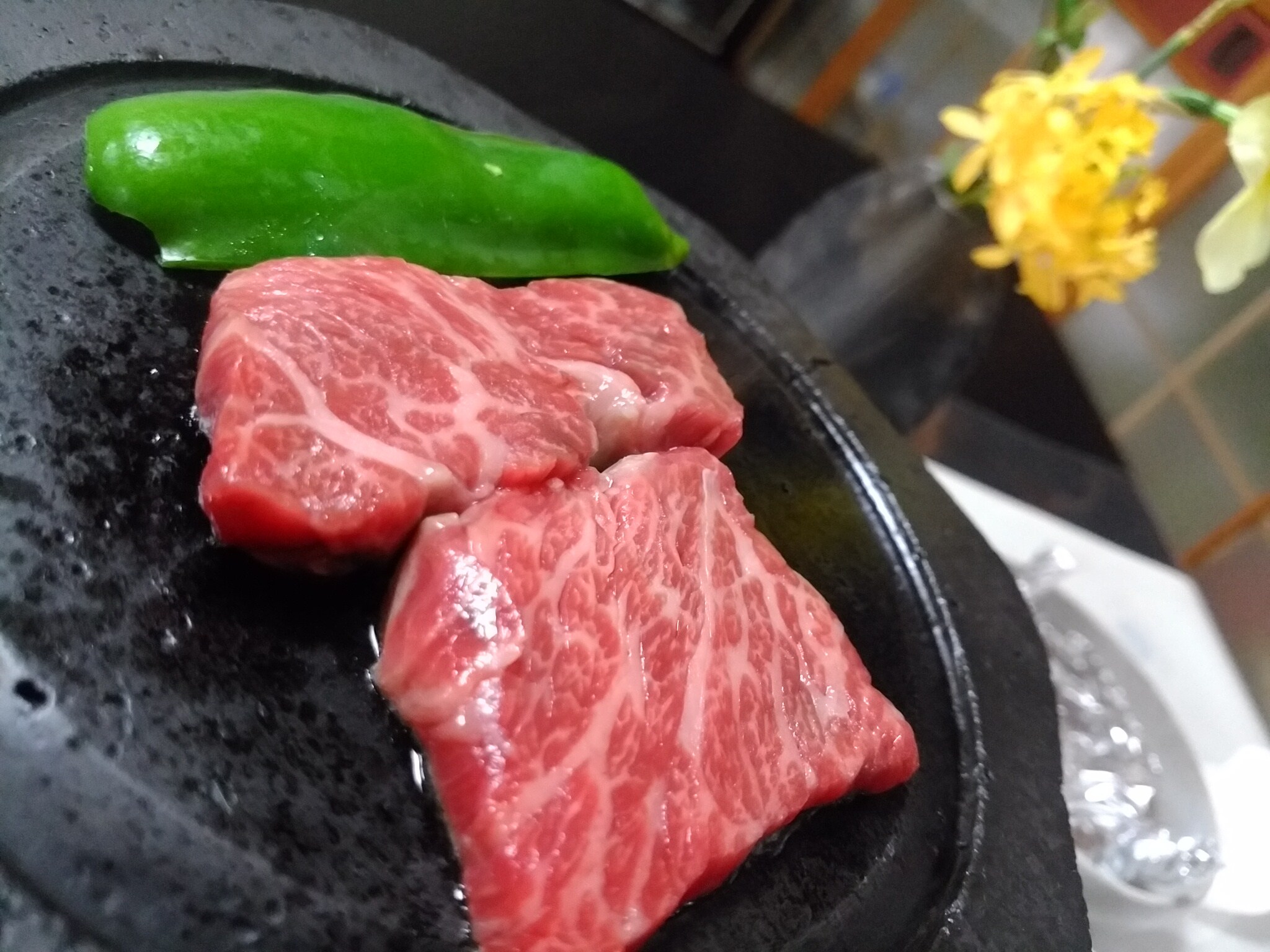 [Dinner] Takachiho beef on hot stone
