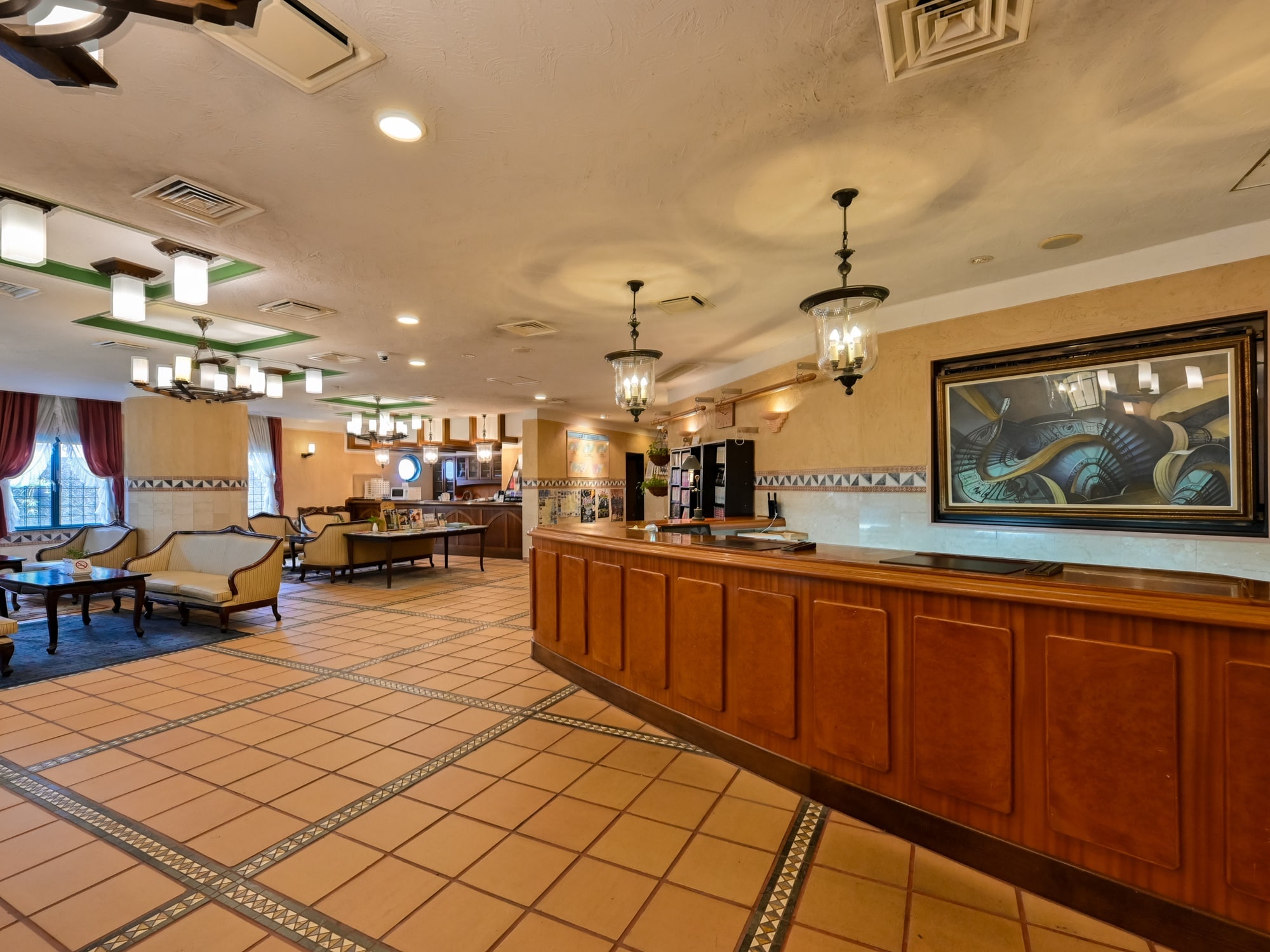 The front lobby is decorated in a Southern European style.