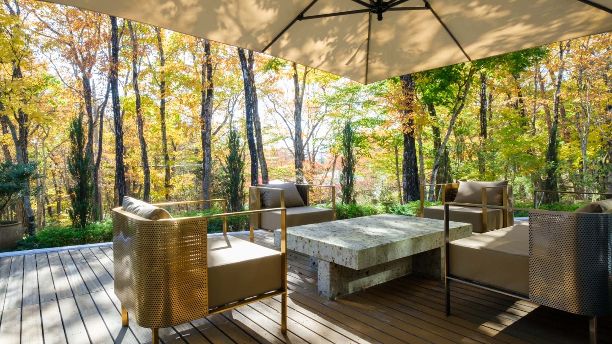 The spacious wooden deck that continues from the lobby is designed to link with the natural surroundings, creating a sense of unity with nature.