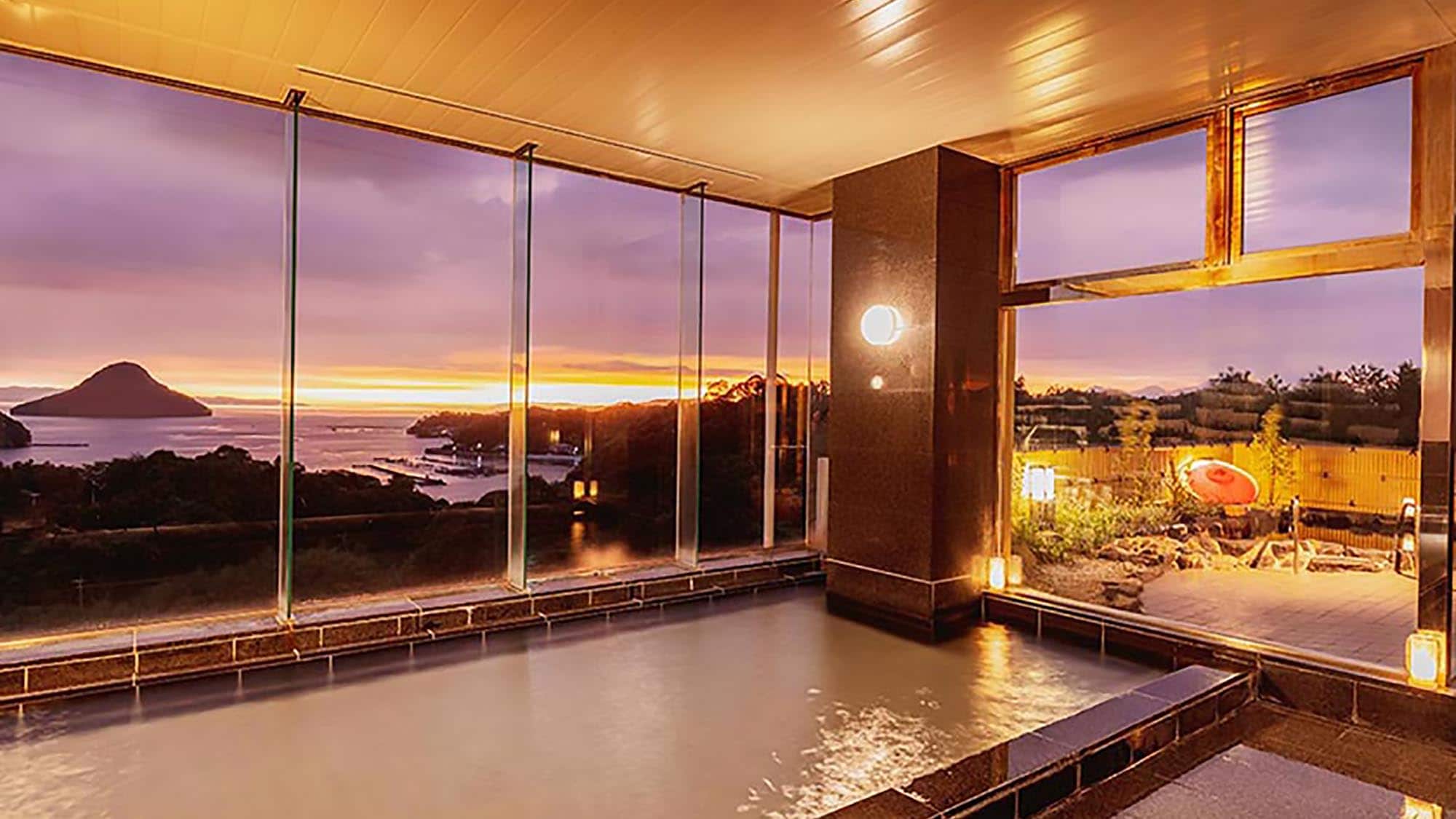 Large public bath at dusk *Image *This is not a hot spring