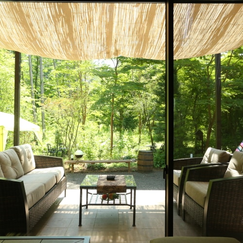 Terrace with pergola leading from the living room