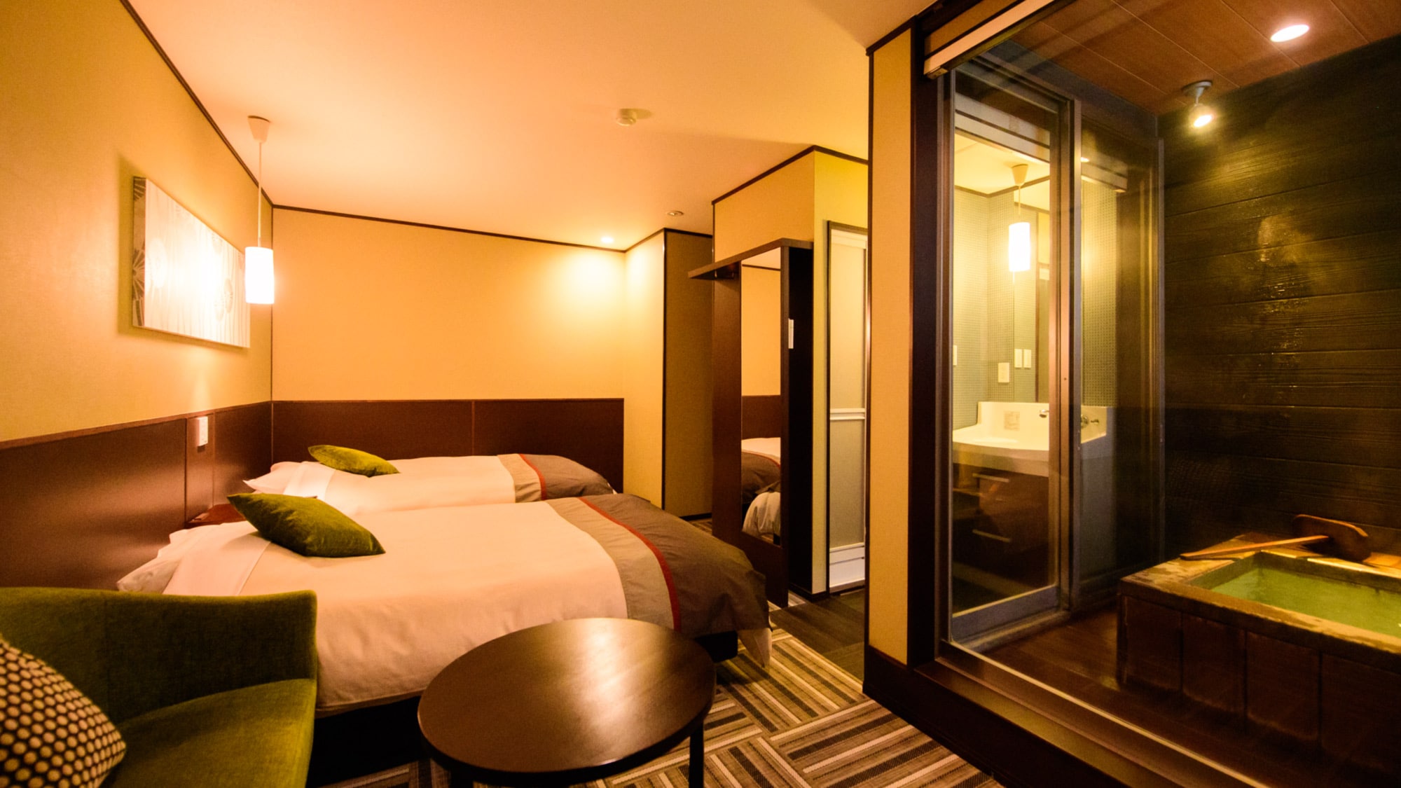 [Room with hot spring open-air bath] Twin room type. With an open-air bath that flows directly from the Yubatake source.