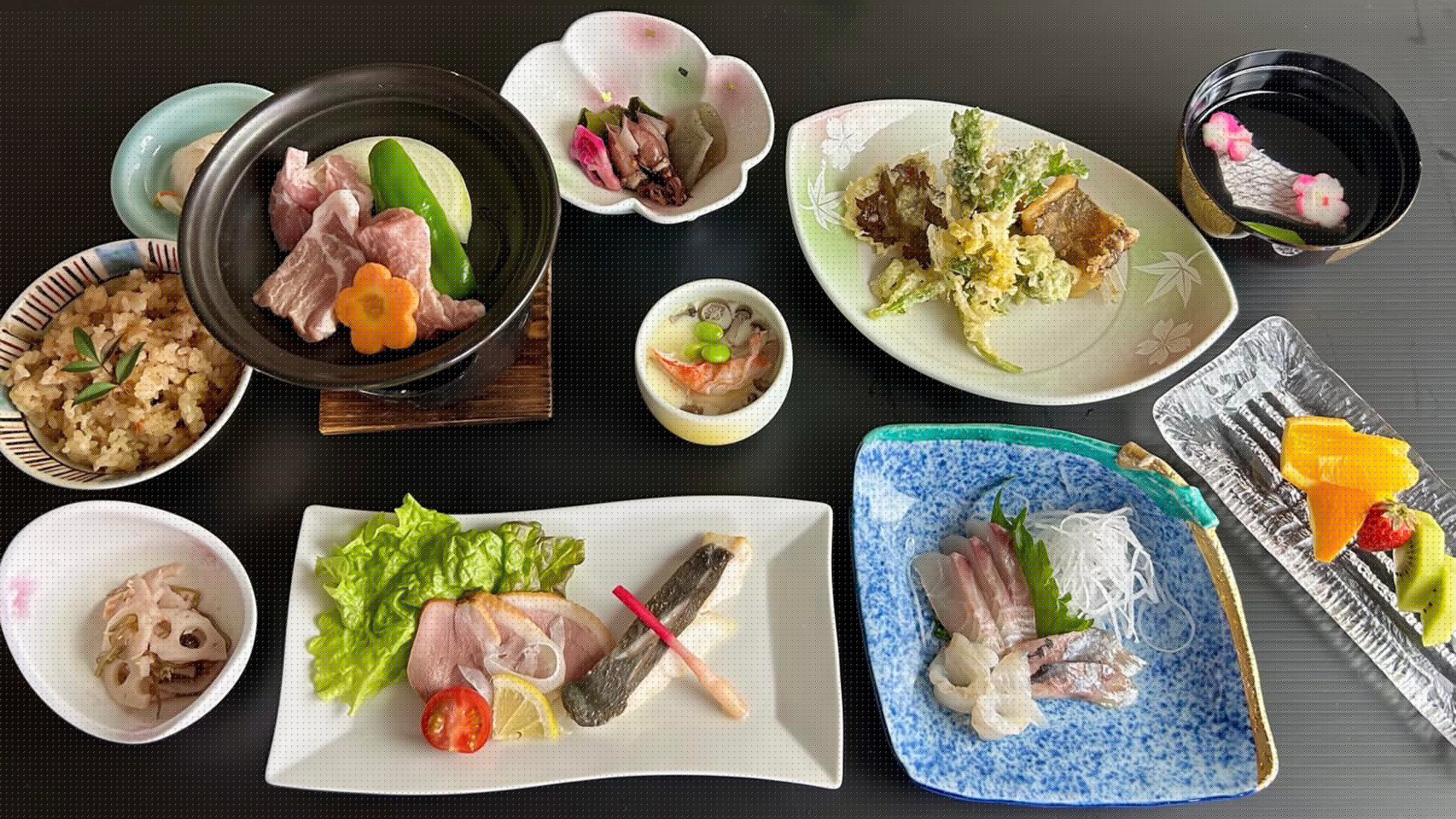An example of an original kaiseki meal: Tofu from Oonan Town, deep-fried tofu with vegetables, seasoned rice, etc.