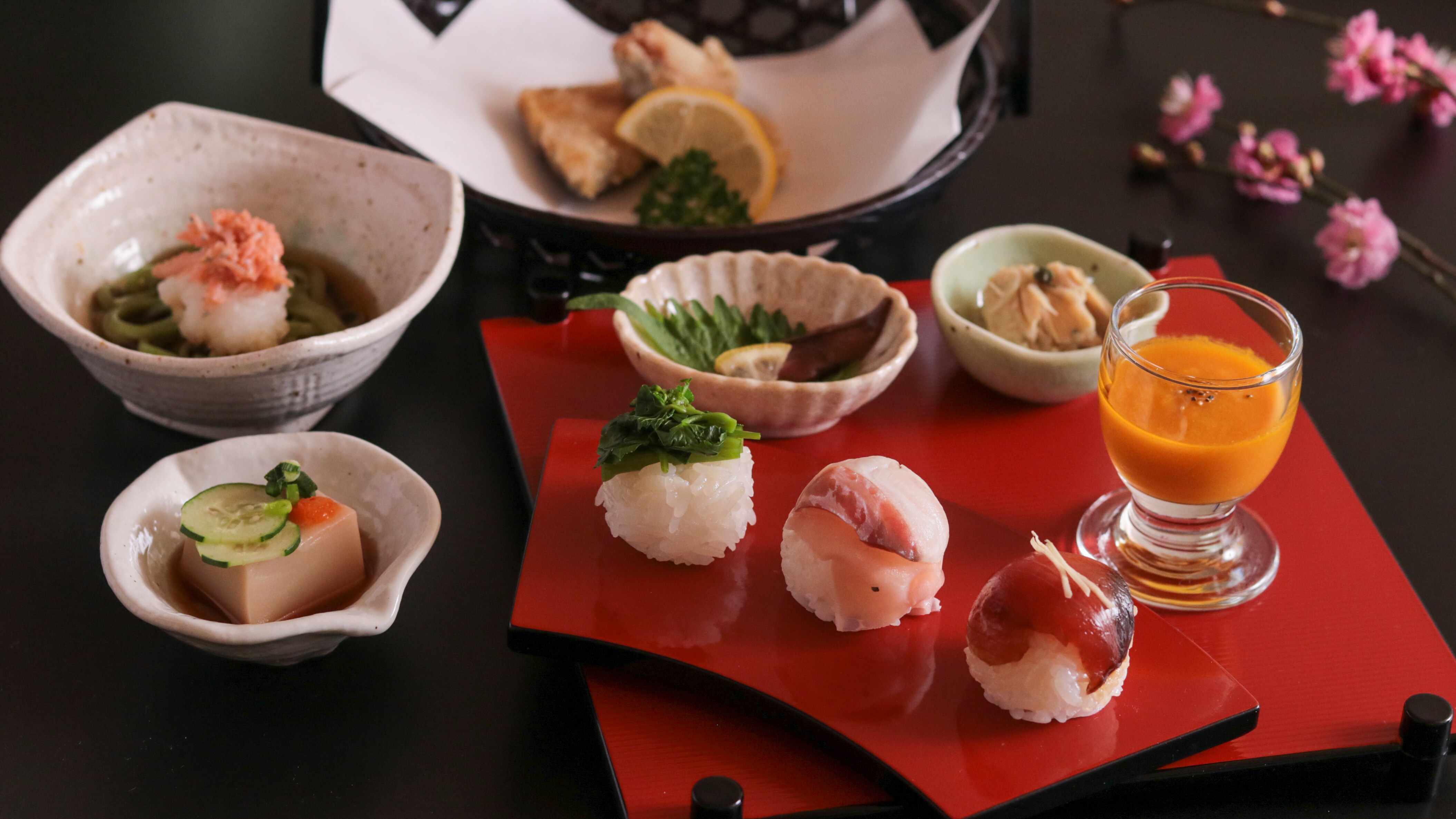Spring dinner. The menu reflects the season, including the daily special spring temari sushi (photo is an example).