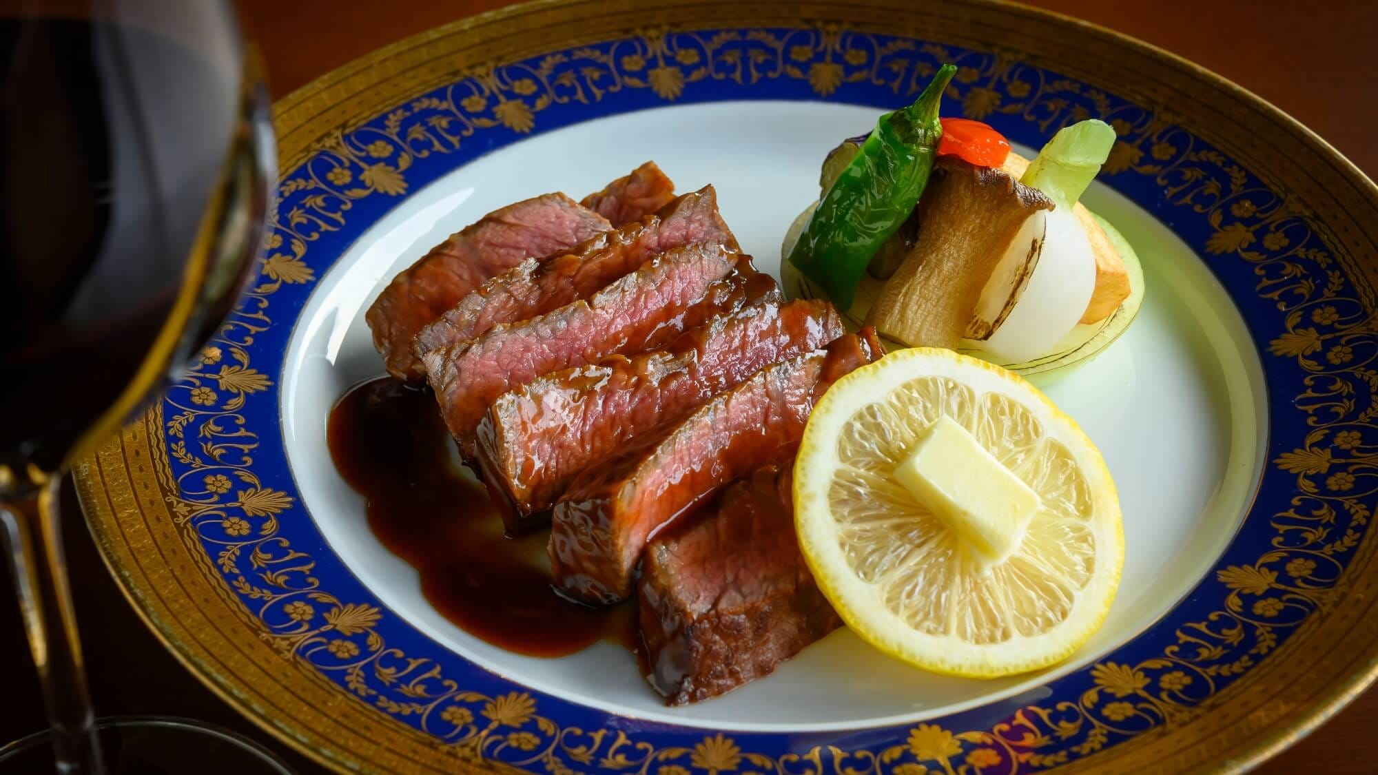 A5 rank Joshu Akagi beef steak served with monthly sauce.