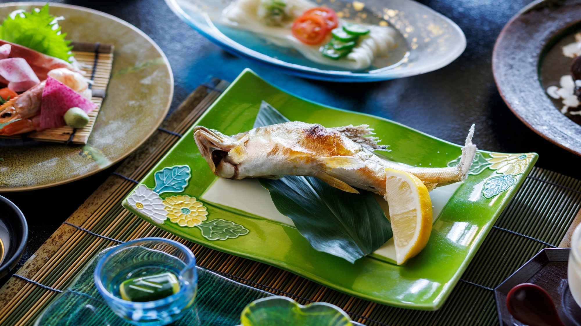 Ayu (sweetfish) served at a riverside restaurant in Tsukishiro.