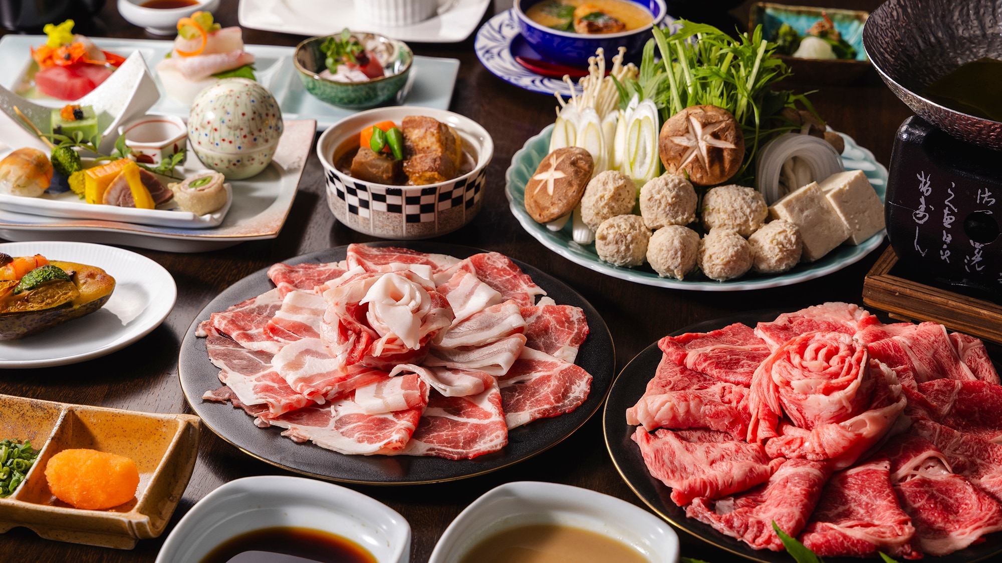 【肉三昧会席】人気No1★”薩摩”の「黒牛・黒豚・黒さつま鶏」をしゃぶしゃぶで味わう至福のひととき