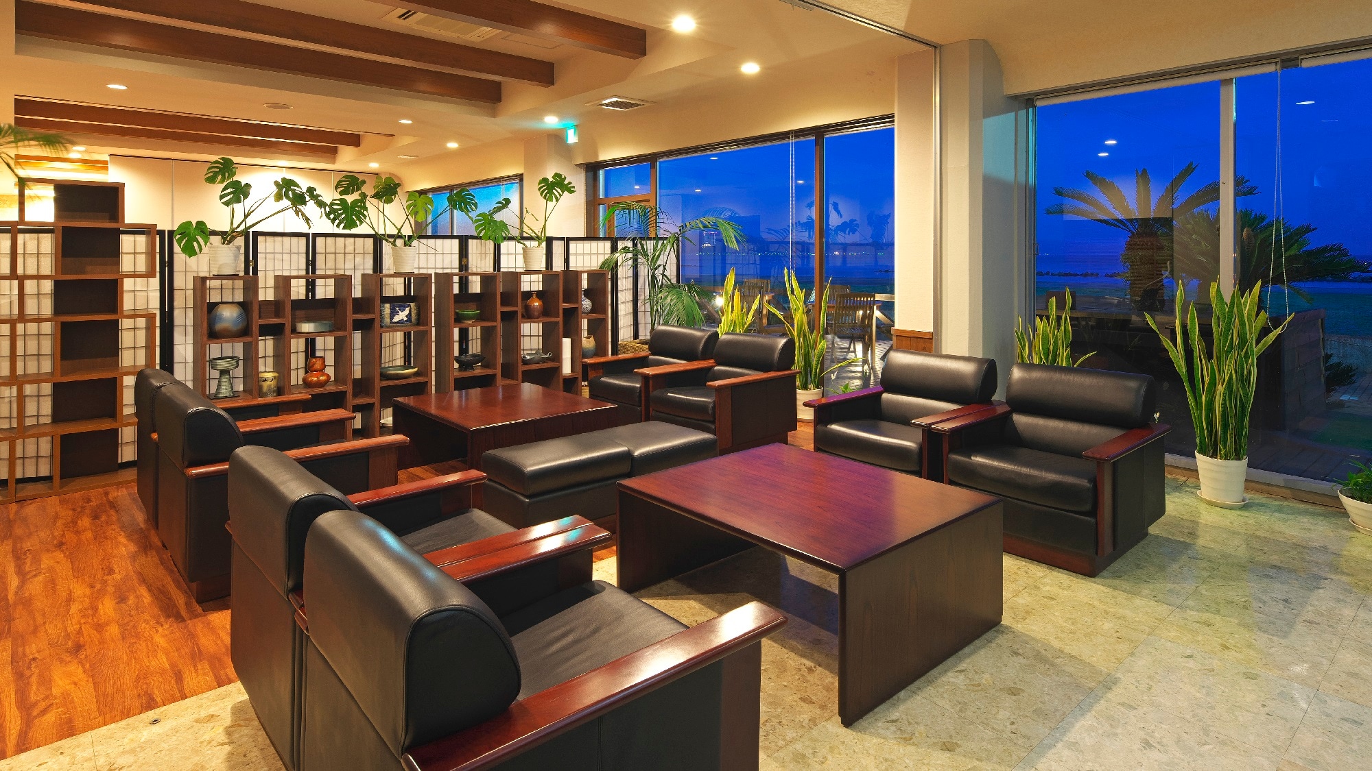 The lobby has a calm atmosphere at night.