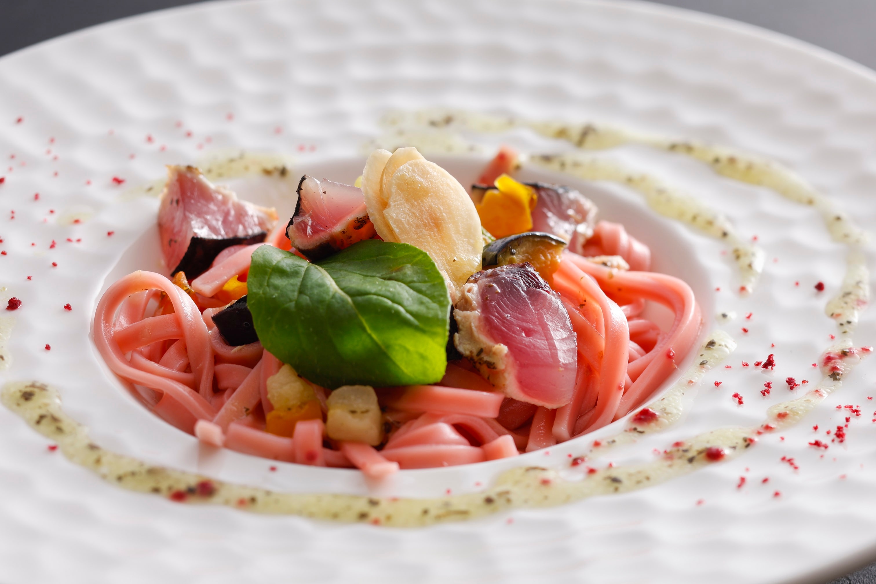 Example of a seasonal kaiseki meal for summer 2026 (Kishu plum udon noodles and bonito pesto salad)