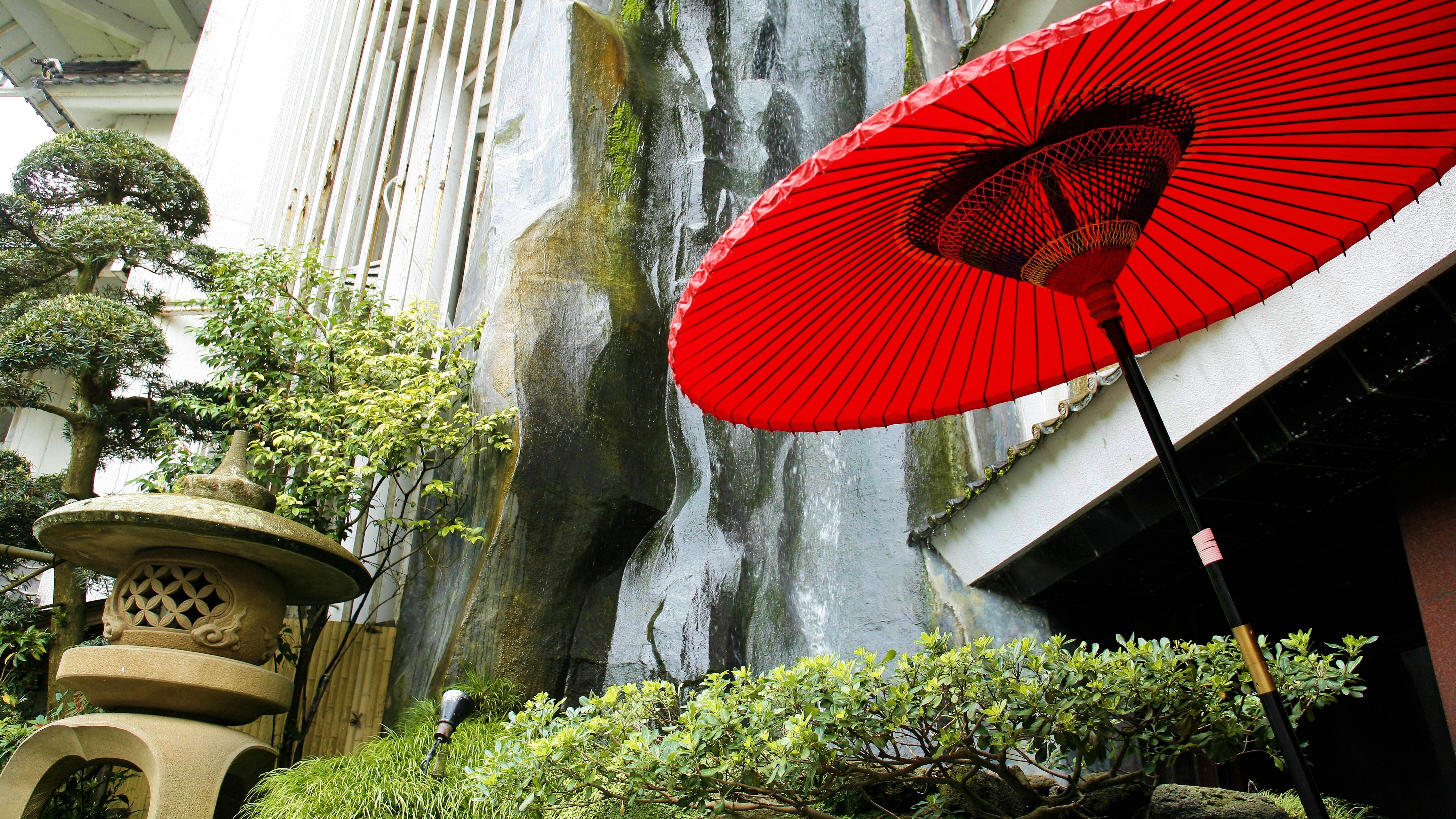 Front entrance, waterfall & Japanese umbrella