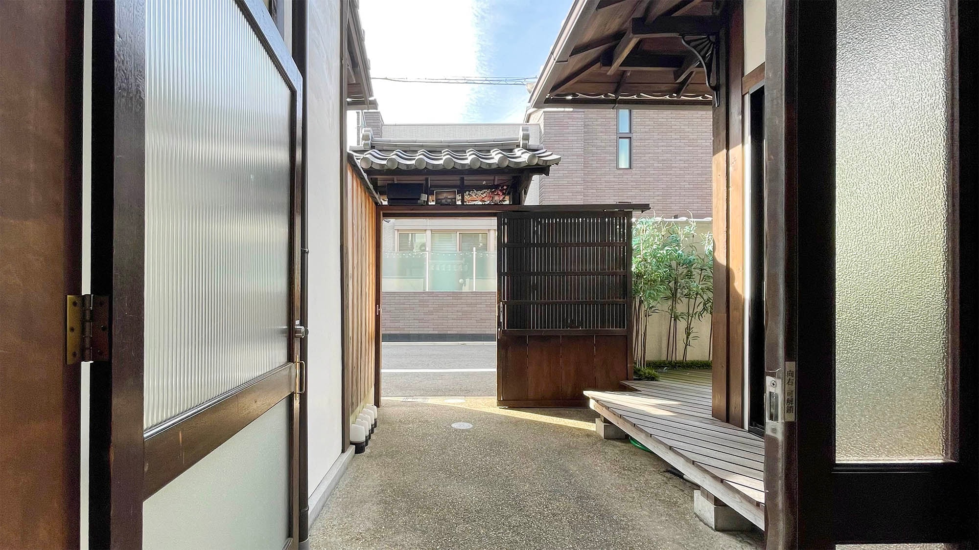 The gate seen from inside the building entrance