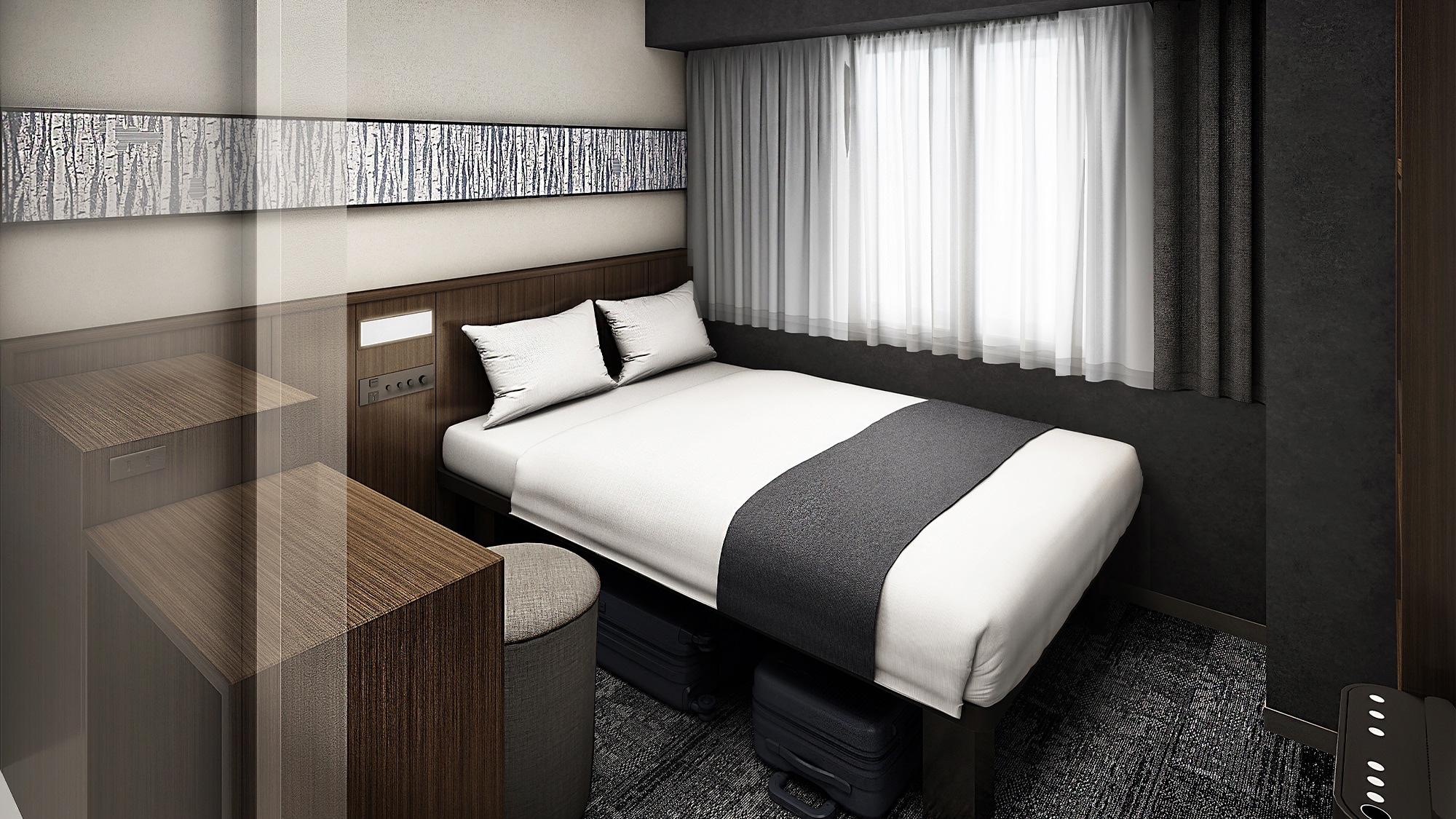 Guest room image: A space that is simple yet focuses on functional beauty. The perfect ending to a day spent enjoying the city of Sapporo.