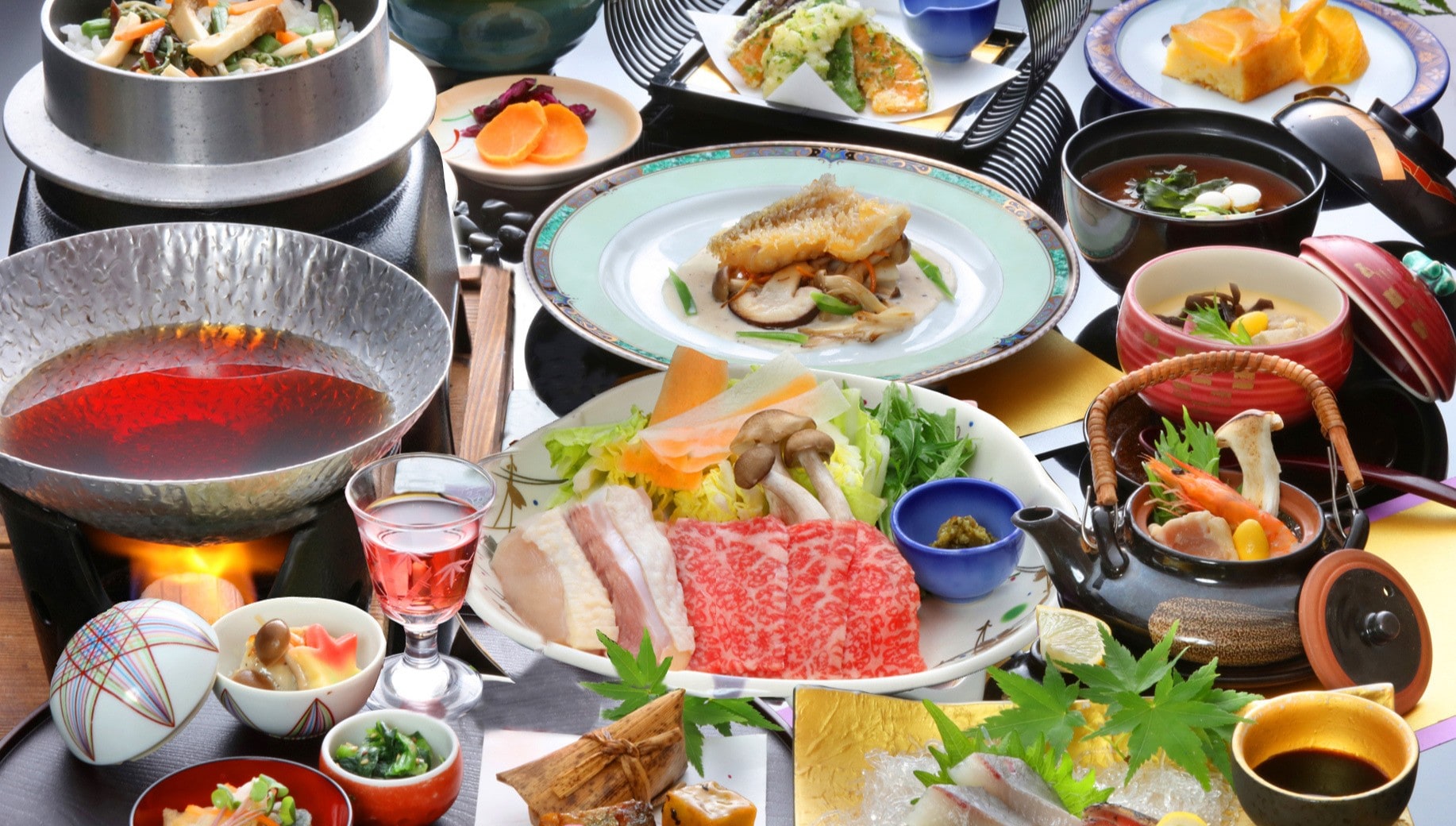特色怀石料理套餐，包含松茸和博多和牛