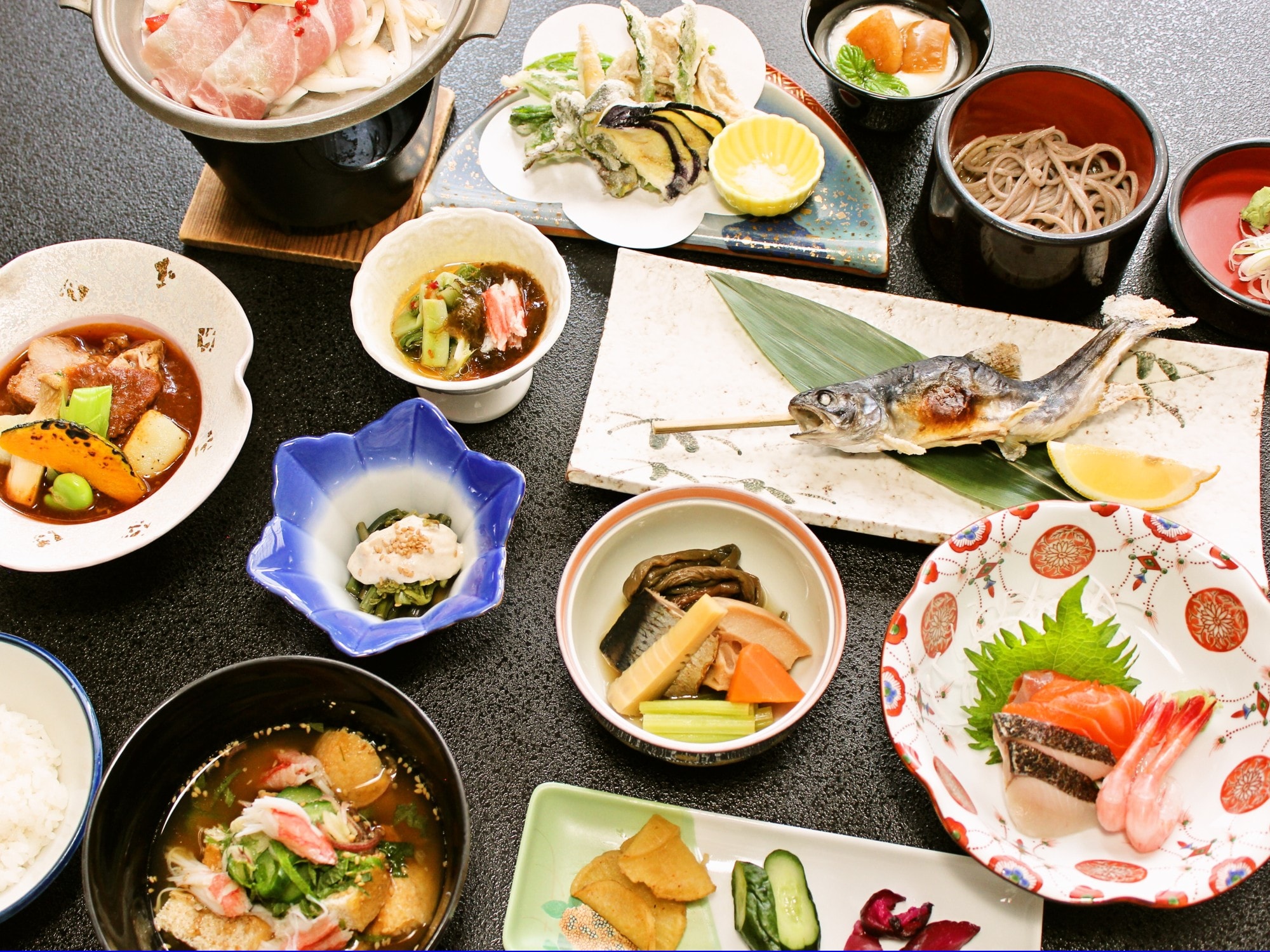 Dinner featuring a variety of local dishes from the snowy country of Uonuma