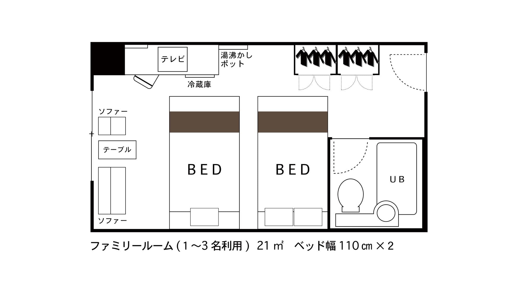 Twin room for 3 people (Family twin 140cm + 110cm bed)