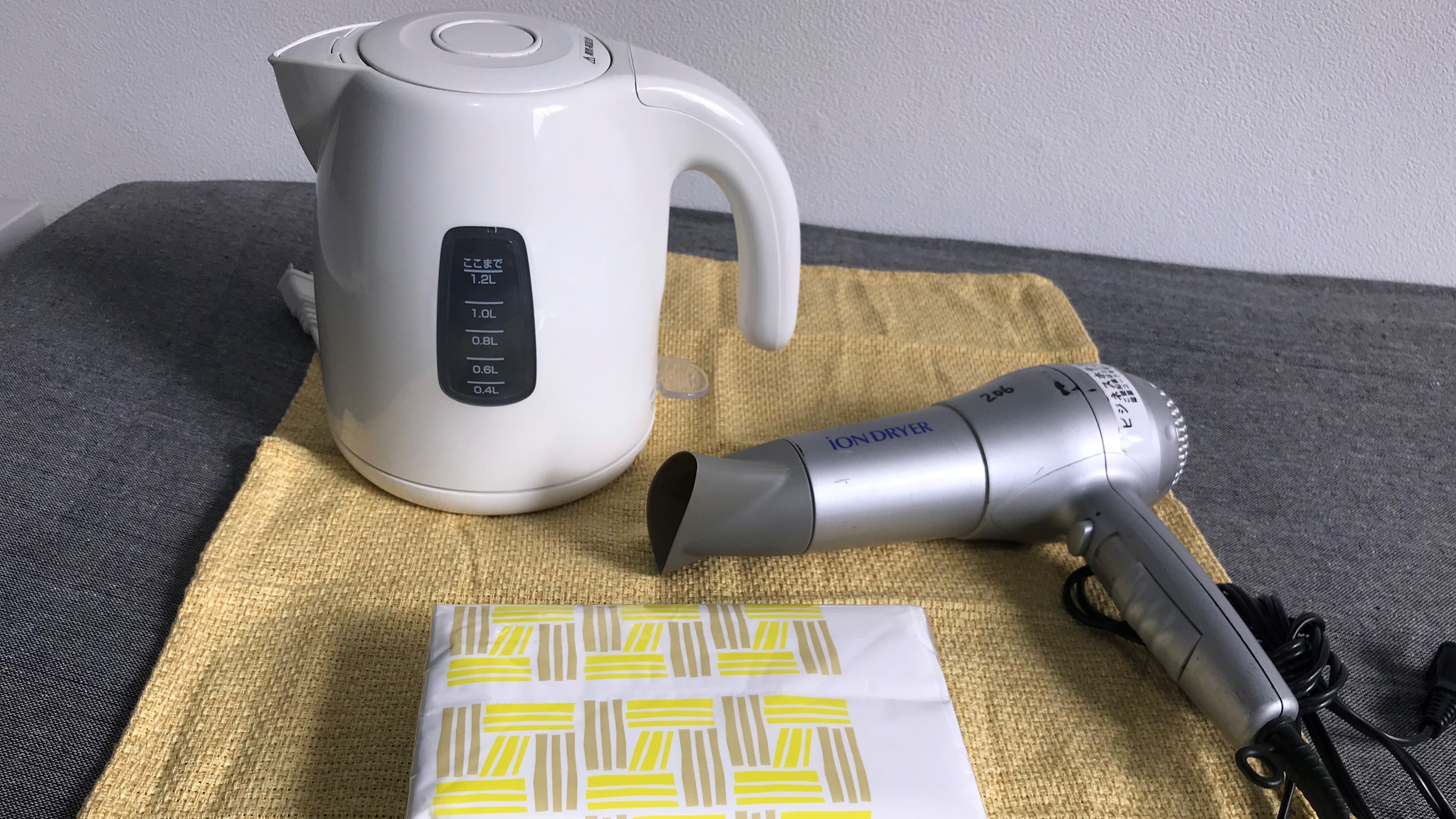 Equipment (electric kettle, dryer, tissue paper)