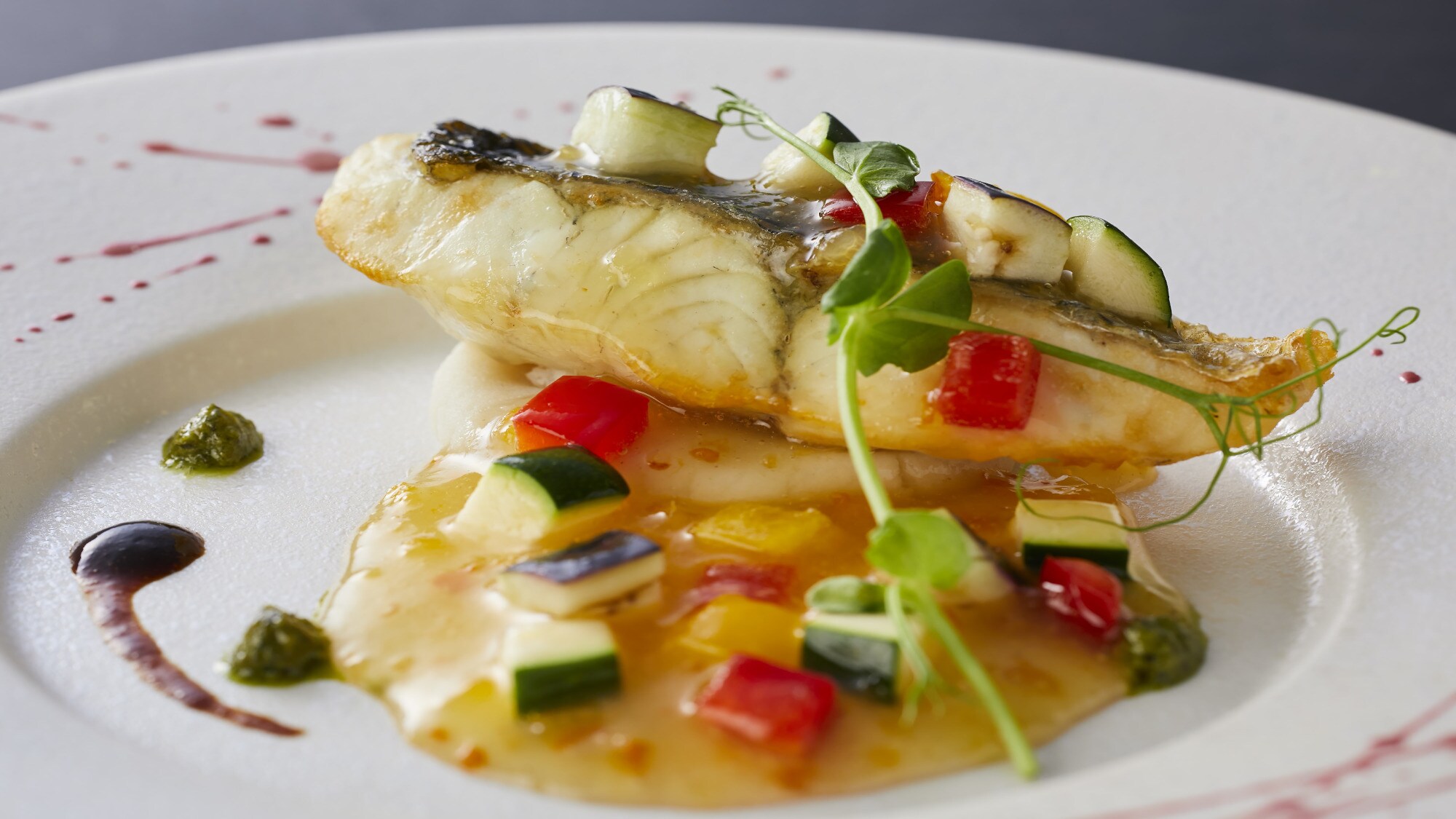 [Local Delights Kaiseki Course] Summer (June-August 2026) Fish Dish: Pan-seared Sea Bass with Orange and Ravigote Sauce