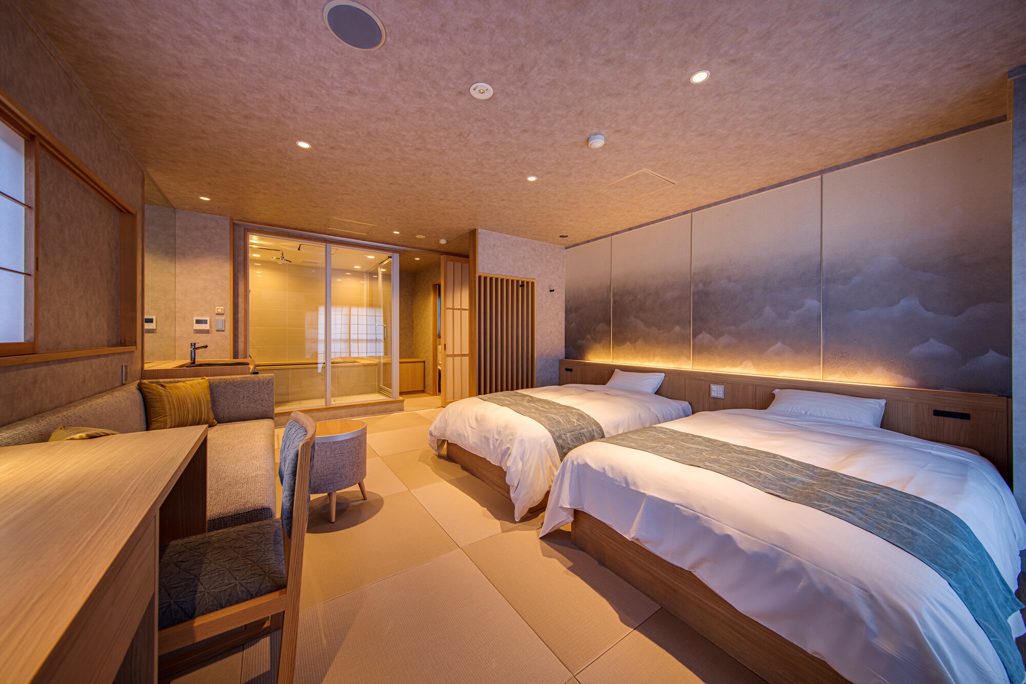 Shirogane no Yu, guest room with cypress bath, Simmons Twin Bed