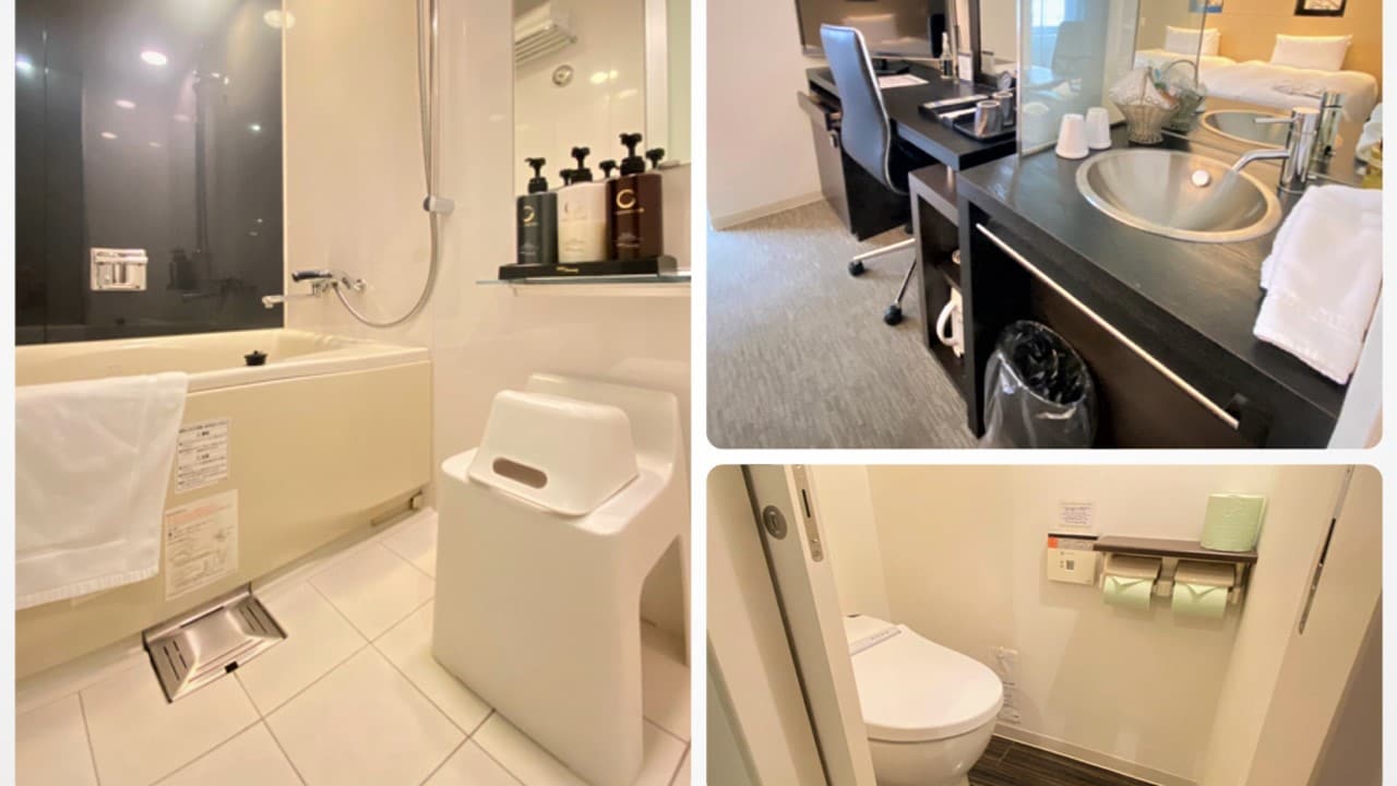 A three-way separation between the bathroom with washing area, toilet, and sink