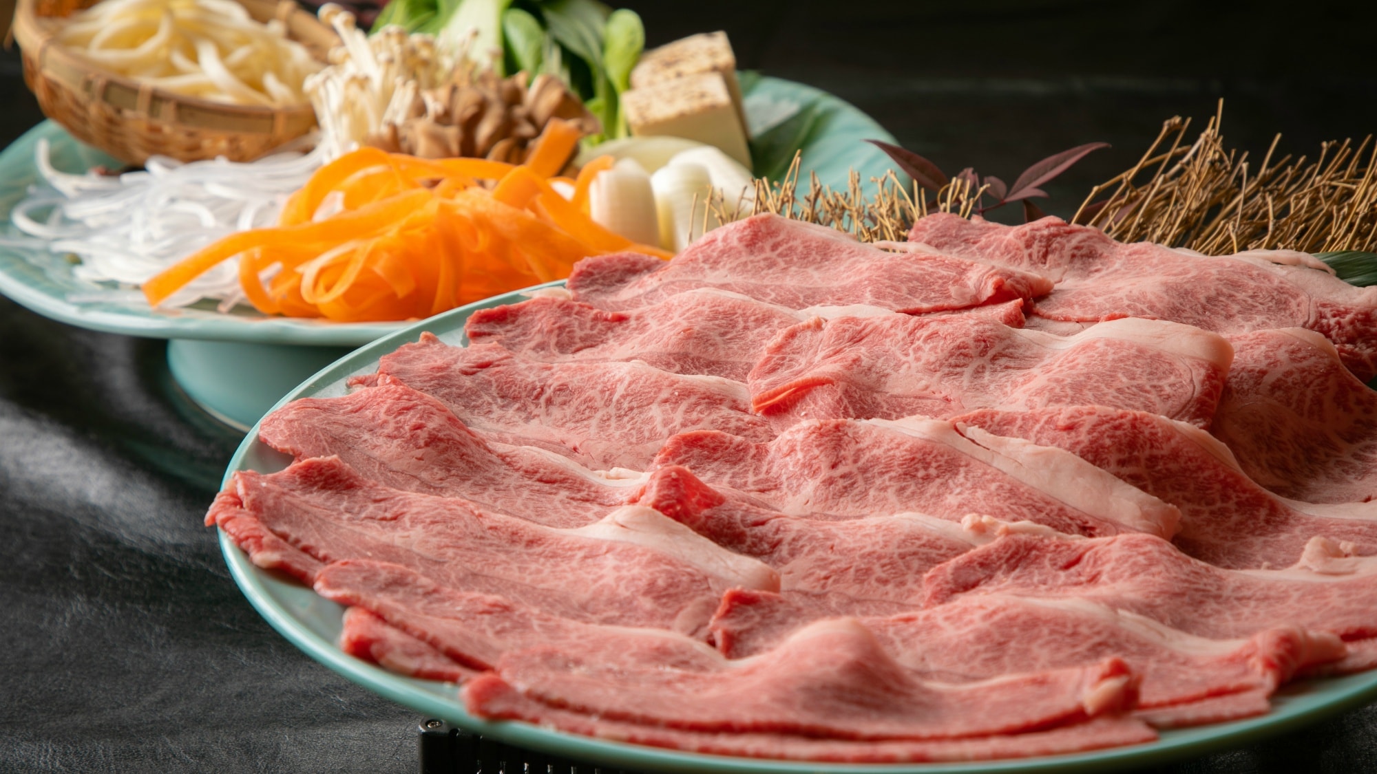 Dinner example: "Oita Wagyu" Beautifully marbled, high-quality meat that melts in your mouth.