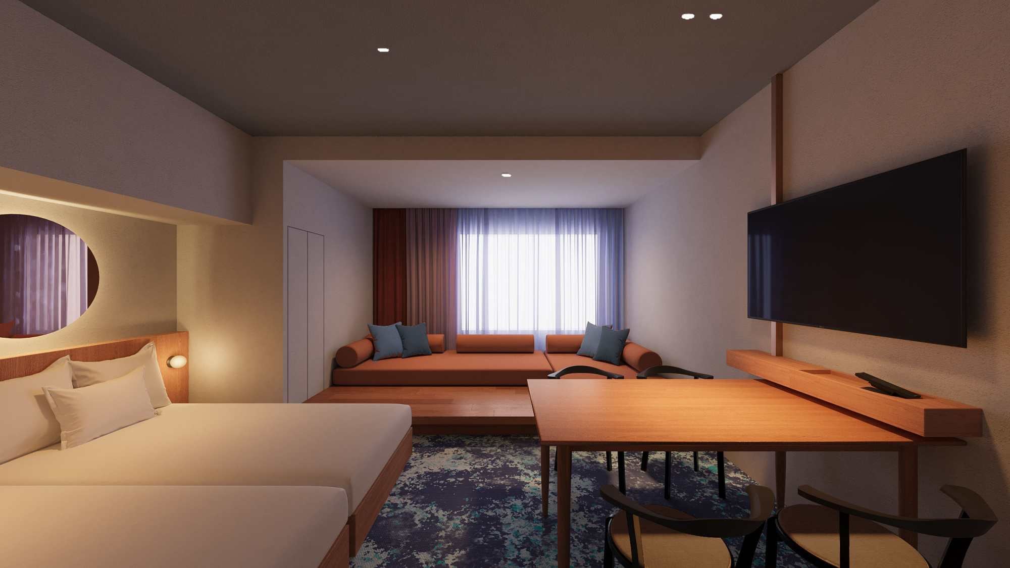 【豪华家庭西式房】2张床和2张沙发床。适合团体和家庭入住的客房