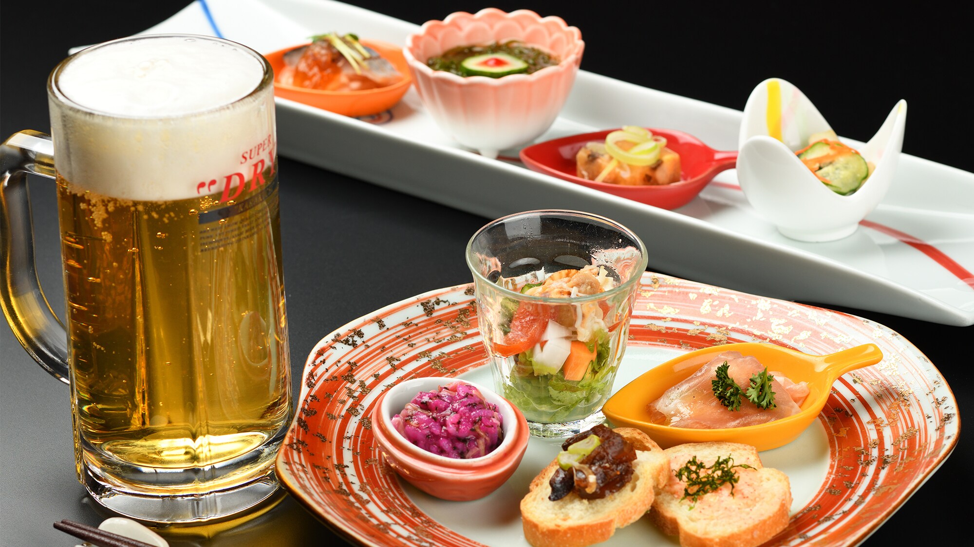 Course-like buffet appetizer and beer