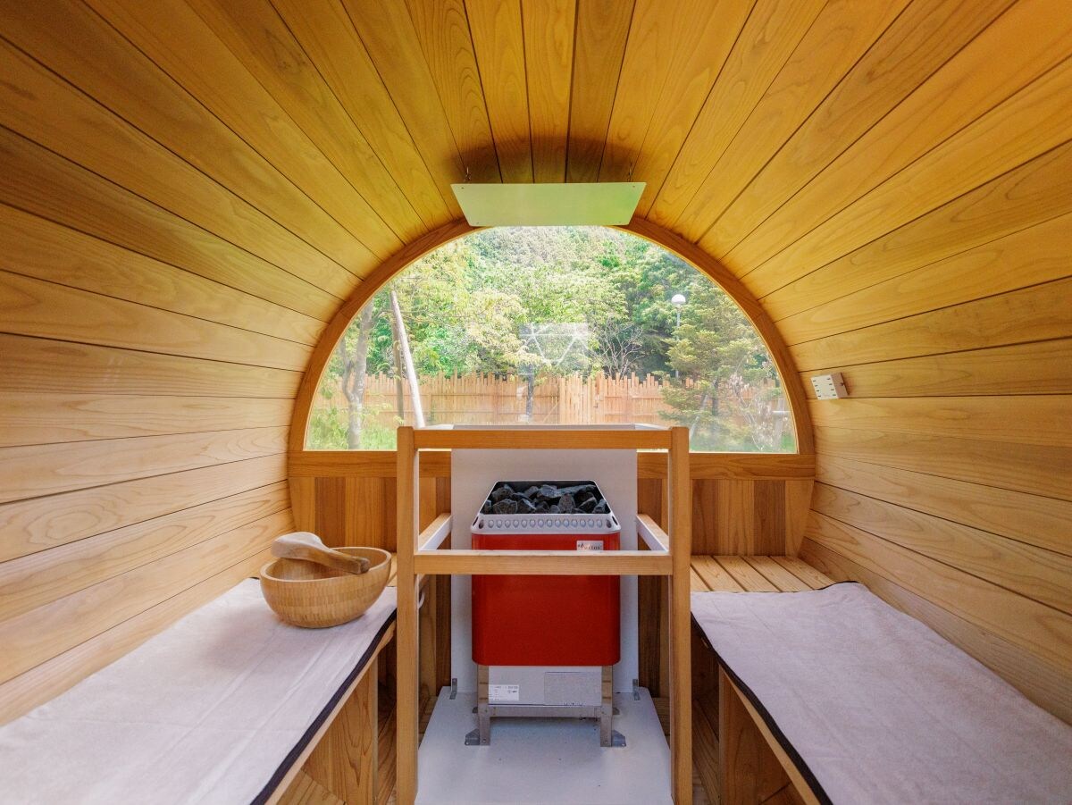 Dome tent barrel sauna interior