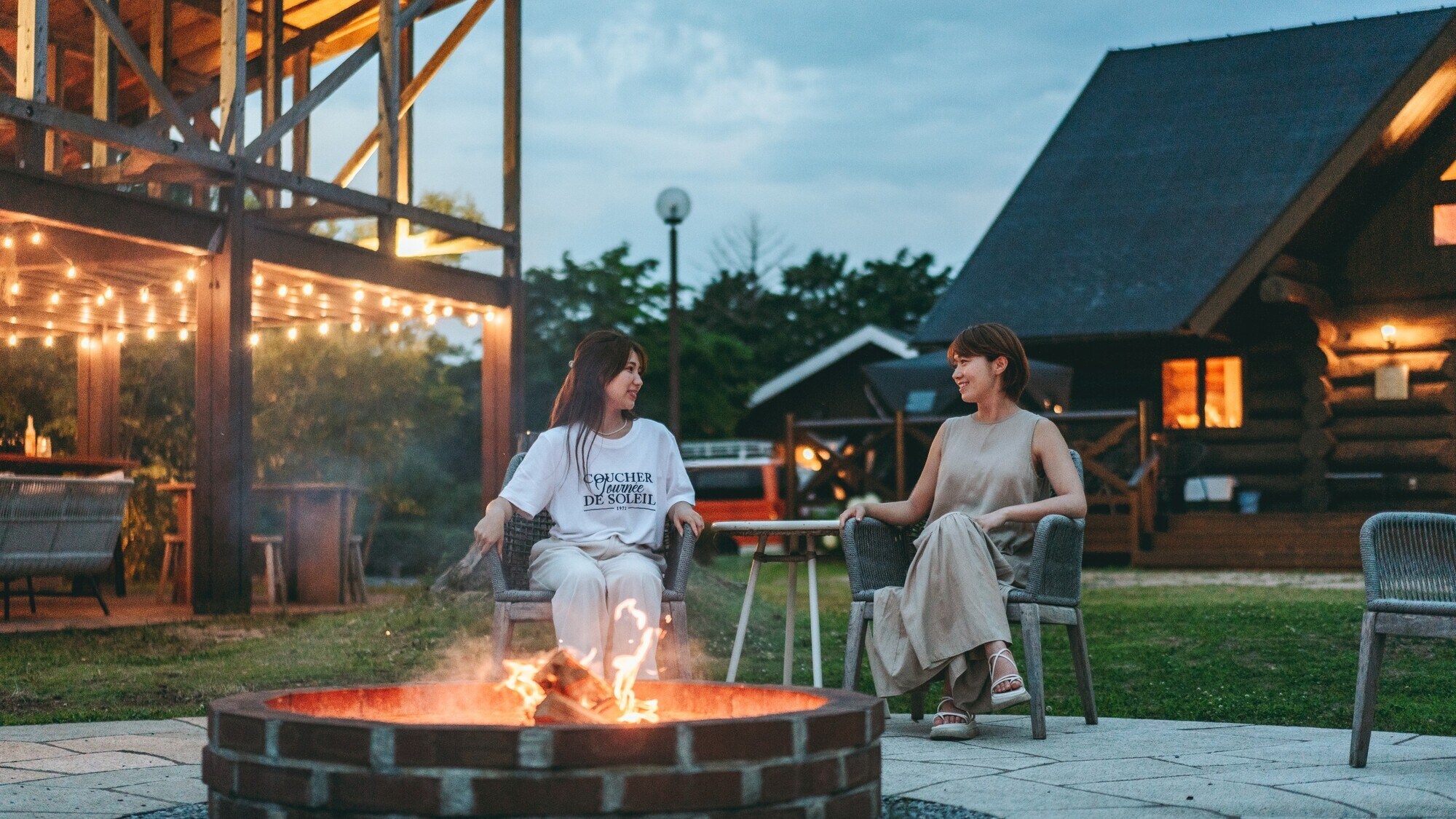 Enjoy chatting and roasting marshmallows at the fireplace