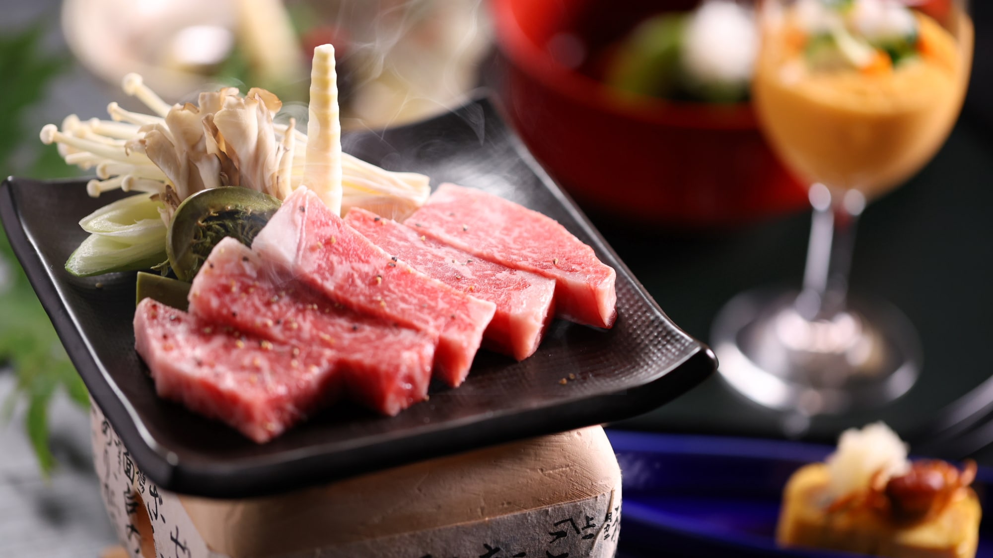Shinshu beef steak on a porcelain china plate