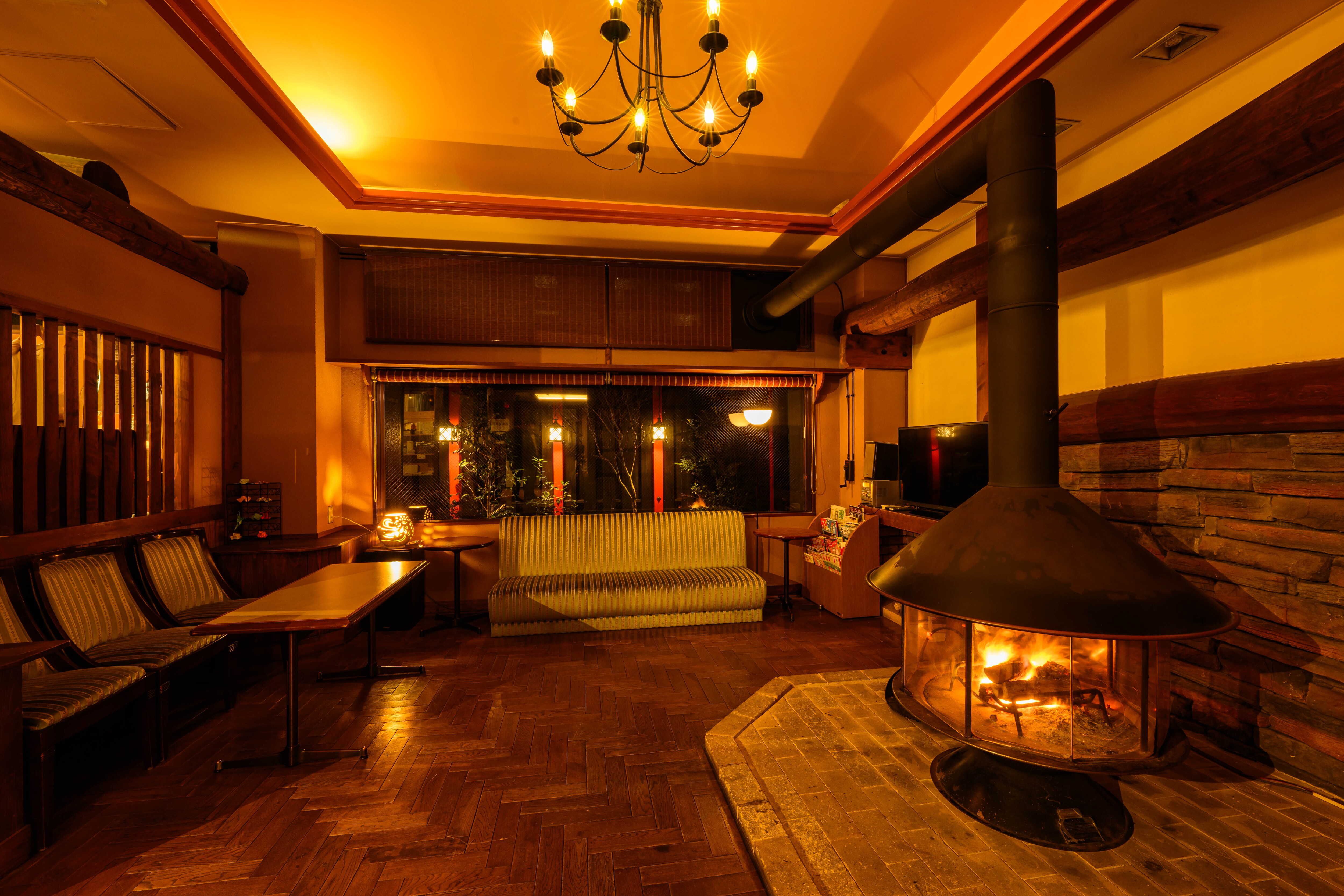 A lit fireplace in winter