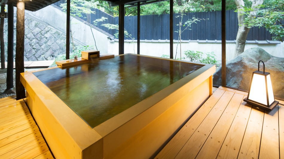 Guest room with cypress open-air bath: cypress bath