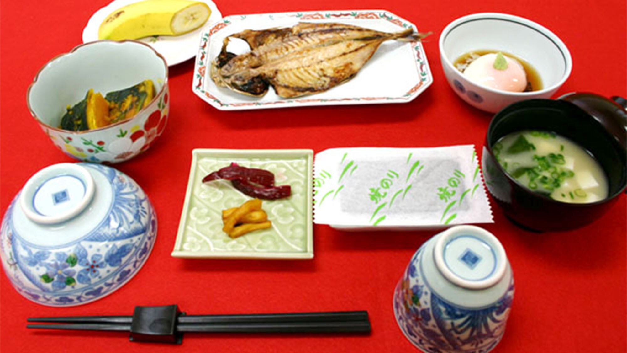 ・Breakfast (example): A standard Japanese breakfast unique to inns
