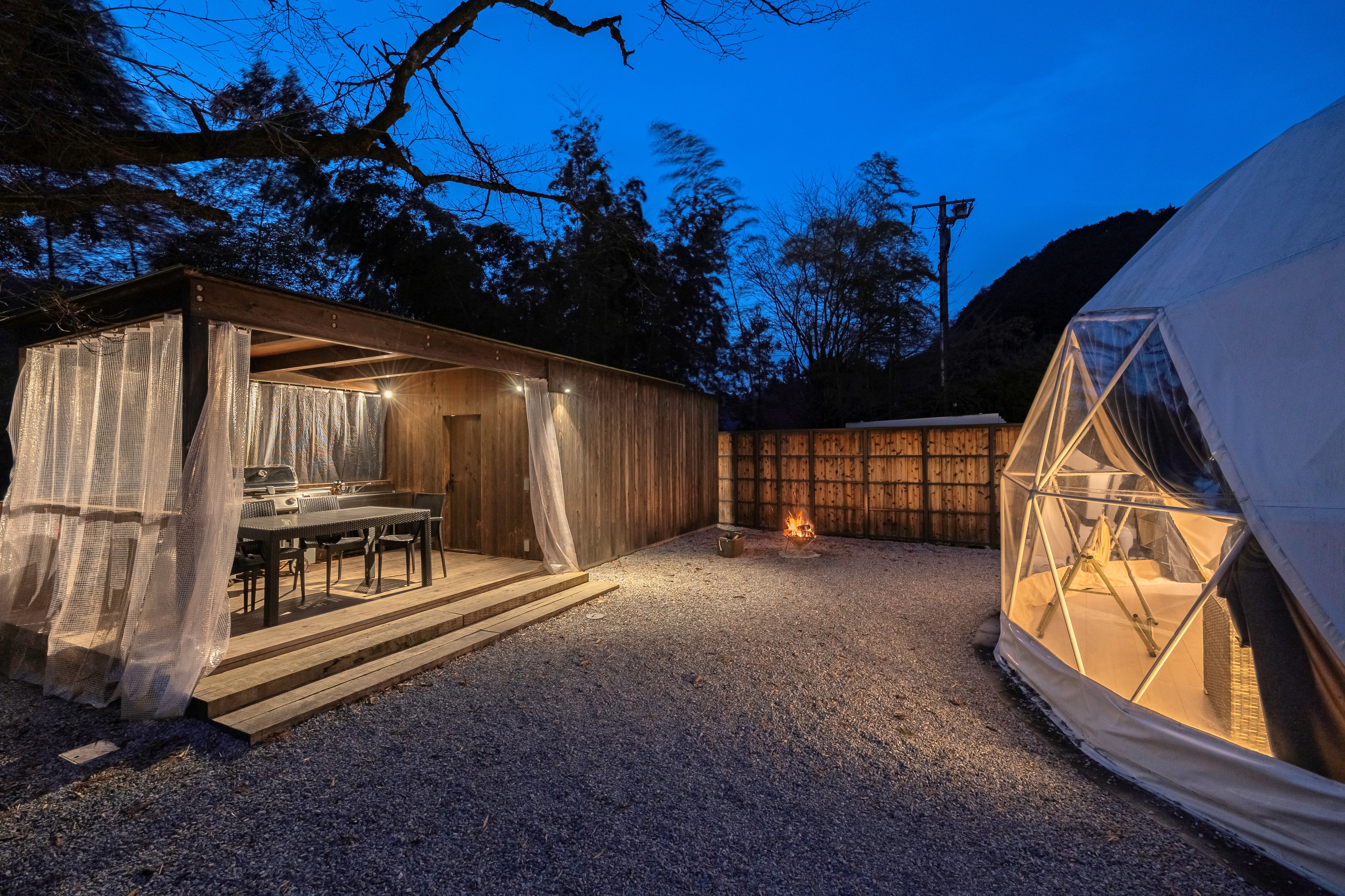 Tent exterior at night