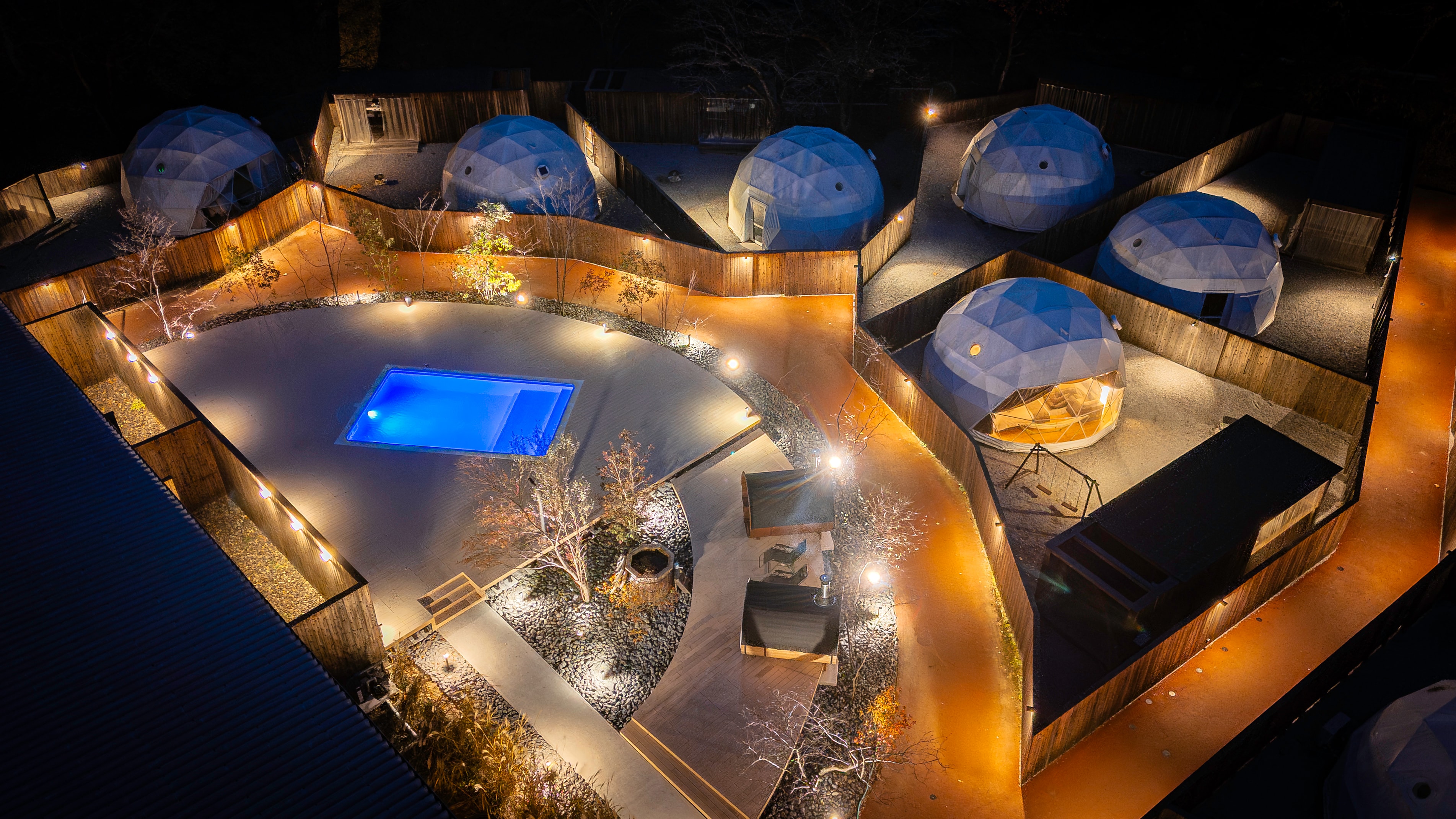 Aerial shot above the tent at night