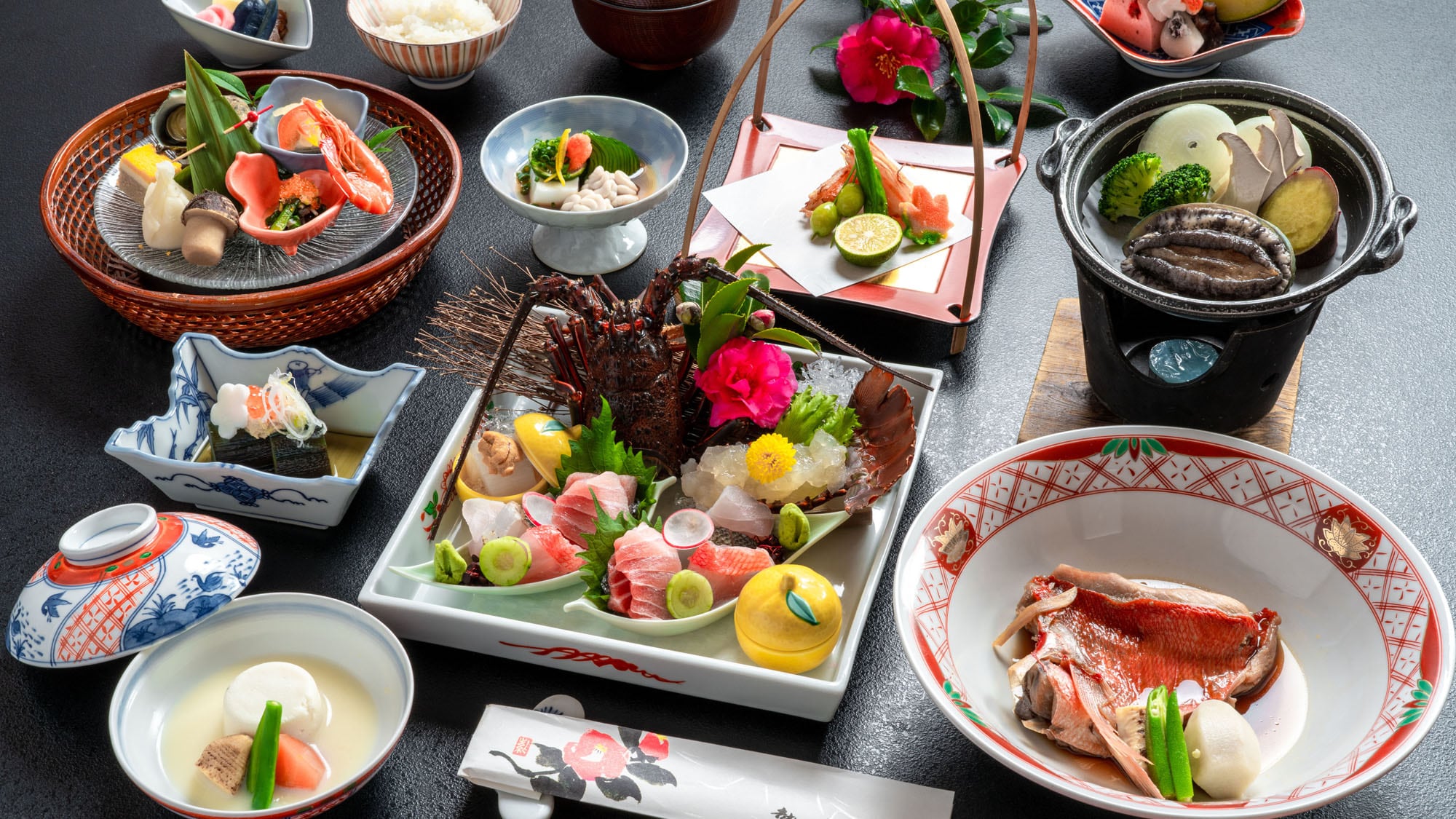 Spiny lobster sashimi and abalone dishes, gorgeous seafood menu with boiled sea bream
