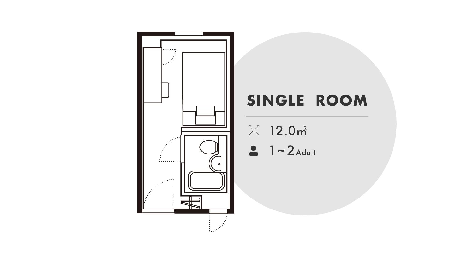 ห้องเดี่ยว ขนาด 12.0 ตารางเมตร เตียงกว้าง 120 x 195 ซม. 1 เตียง