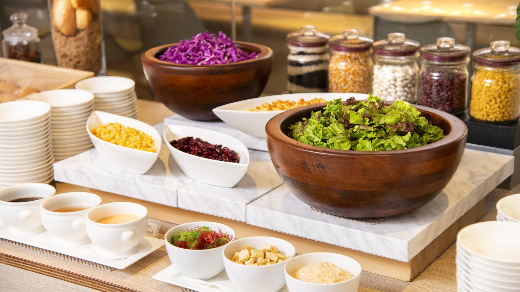 A salad bar with gorgeous toppings to start a healthy day