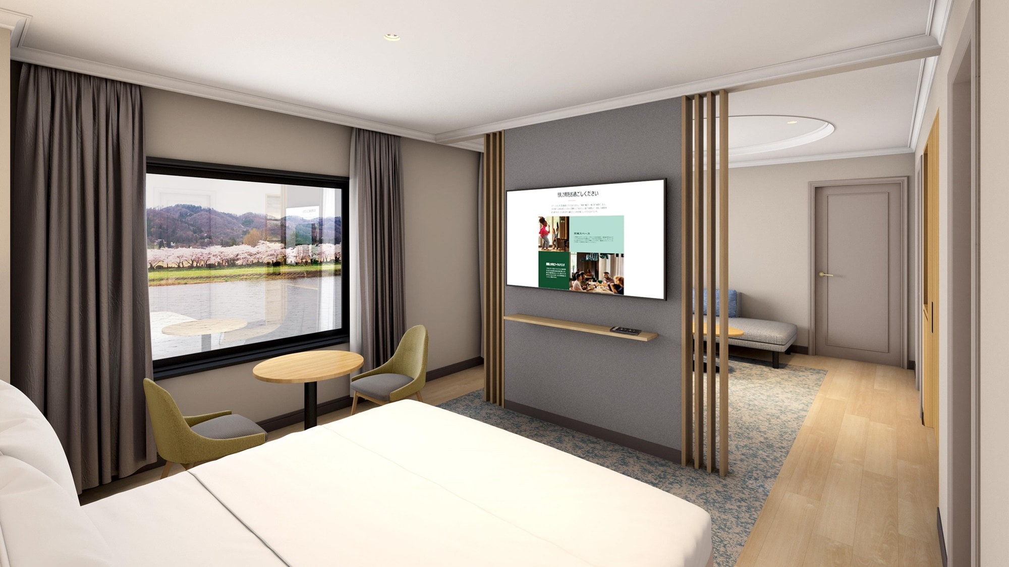 In our one-bedroom suites, you can relax in bed while looking out over the tranquil Kitakami River.