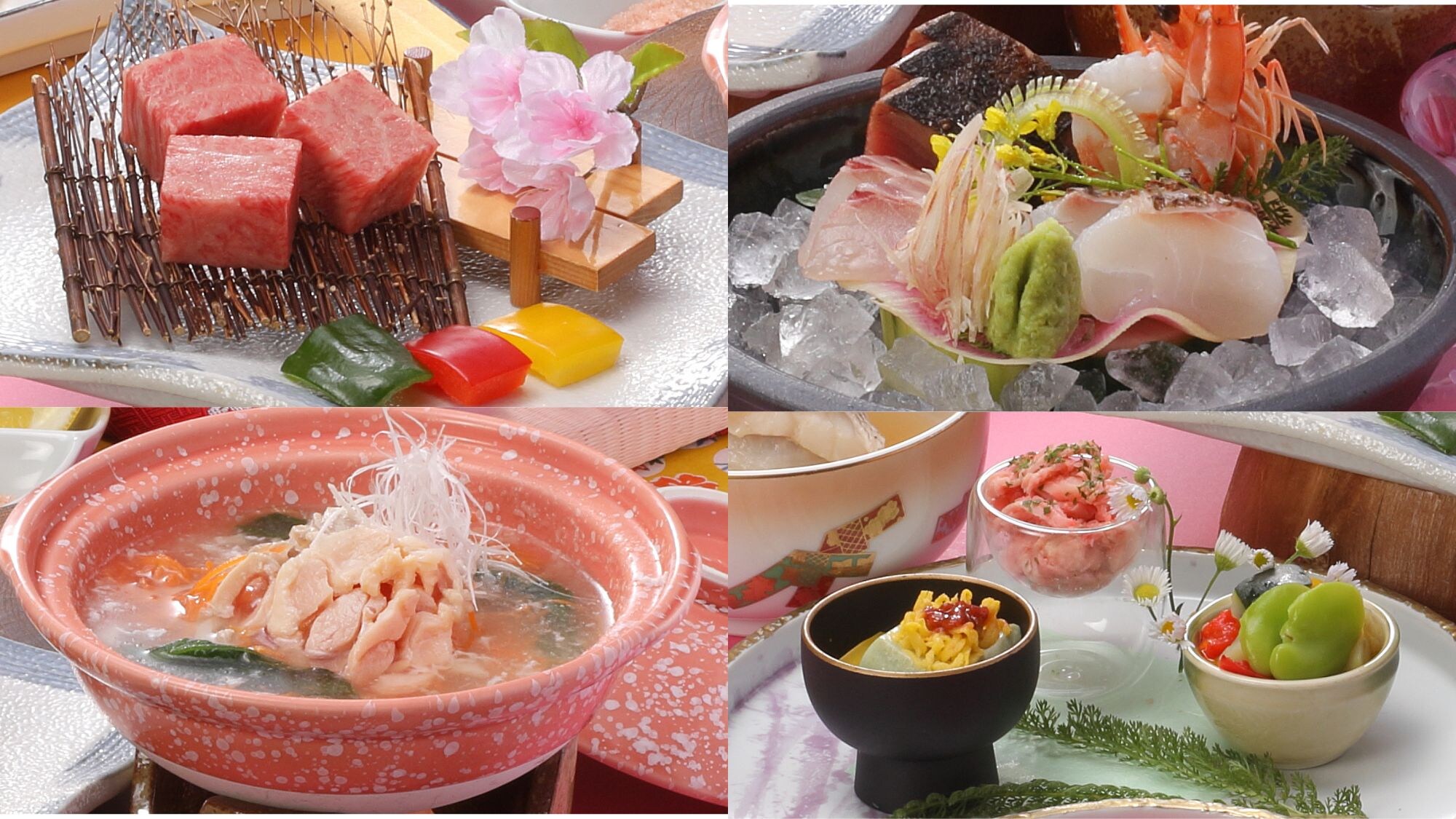 【春季花舞怀石套餐】大山鸡汤火锅，4种日本海鲜鱼，3种色彩缤纷的前菜，岛根和牛牛排等。